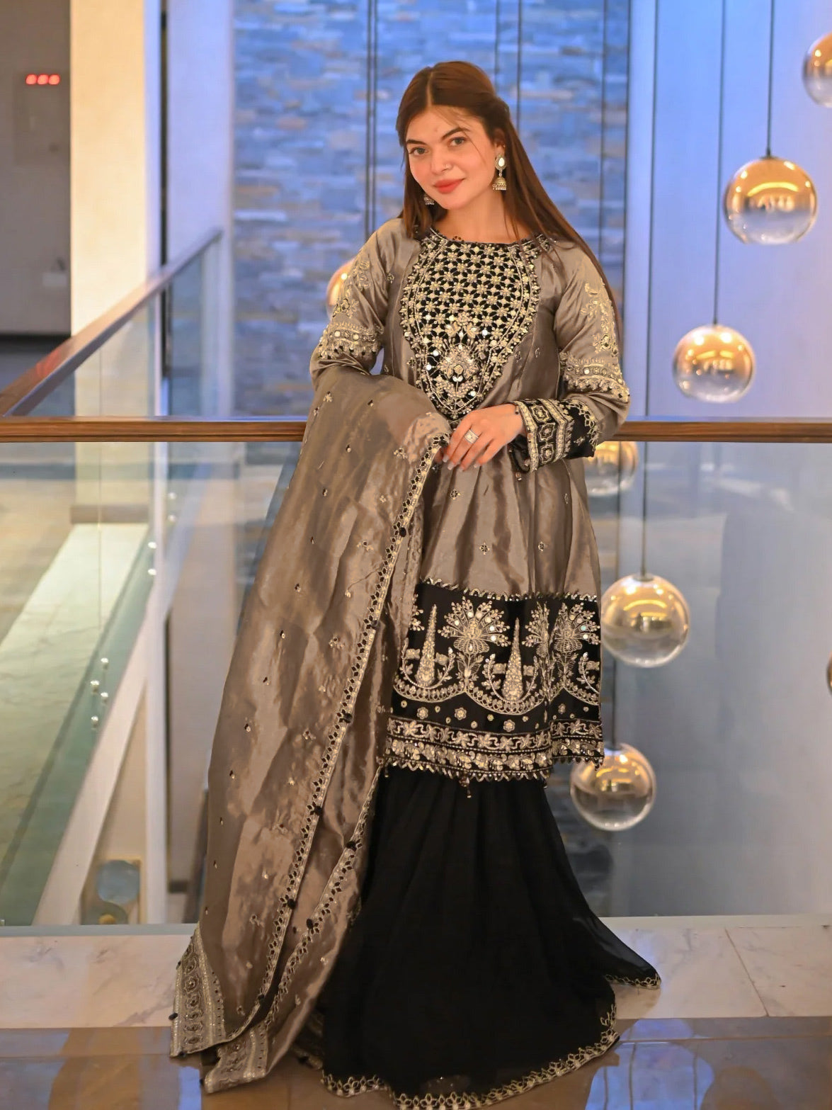 Ally's Copper Embroidered Raw Silk Suit with Gharara (AL-3763)