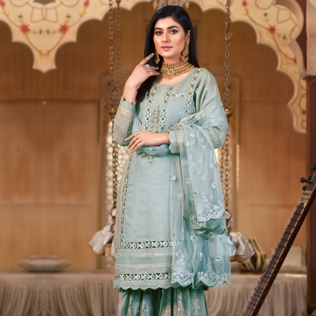 Zahra Rubab Blue-Grey Khaadi Net 3-Piece Gharara Suit