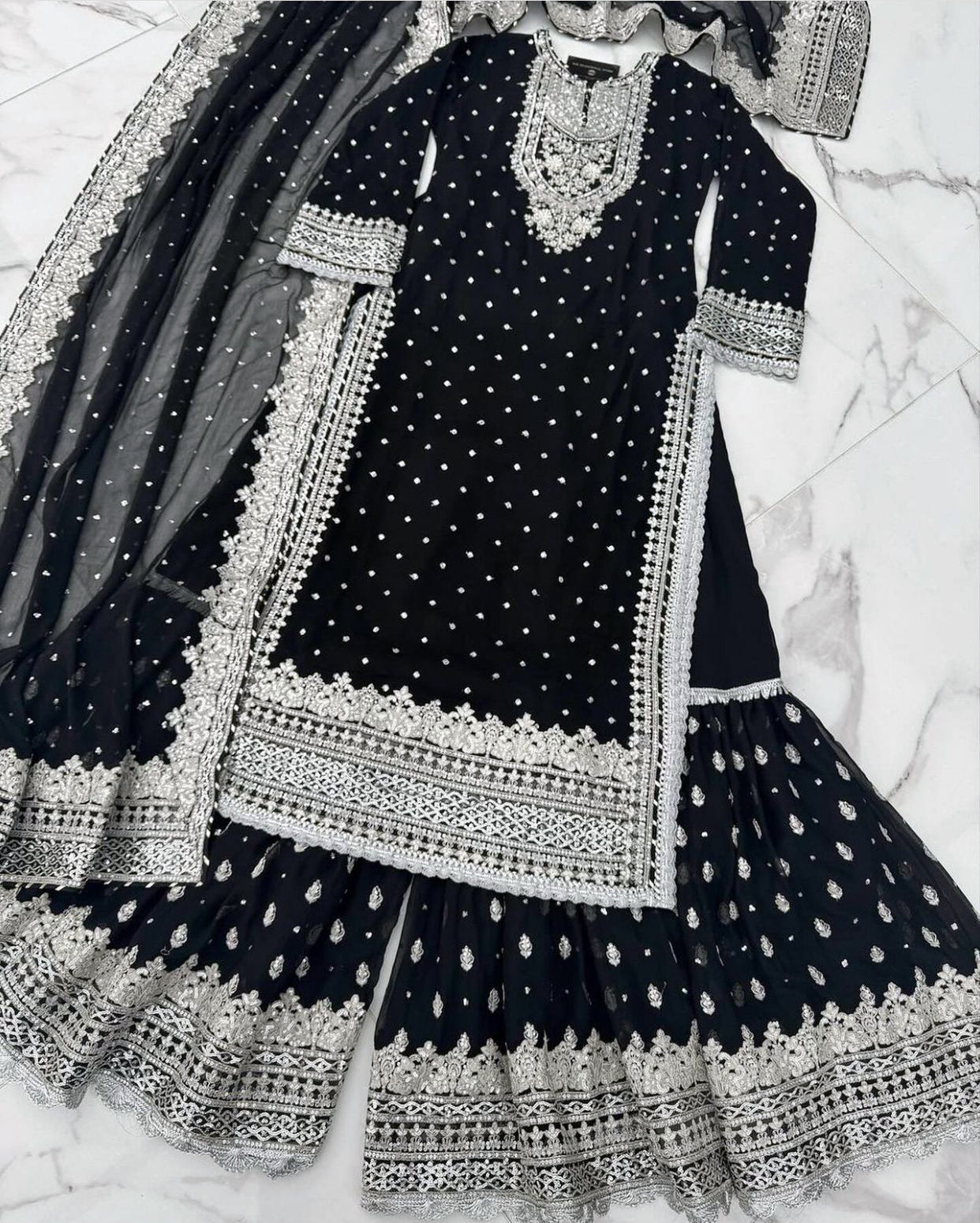 Chiffon Embellished 3-Piece Gharara Suit - Black