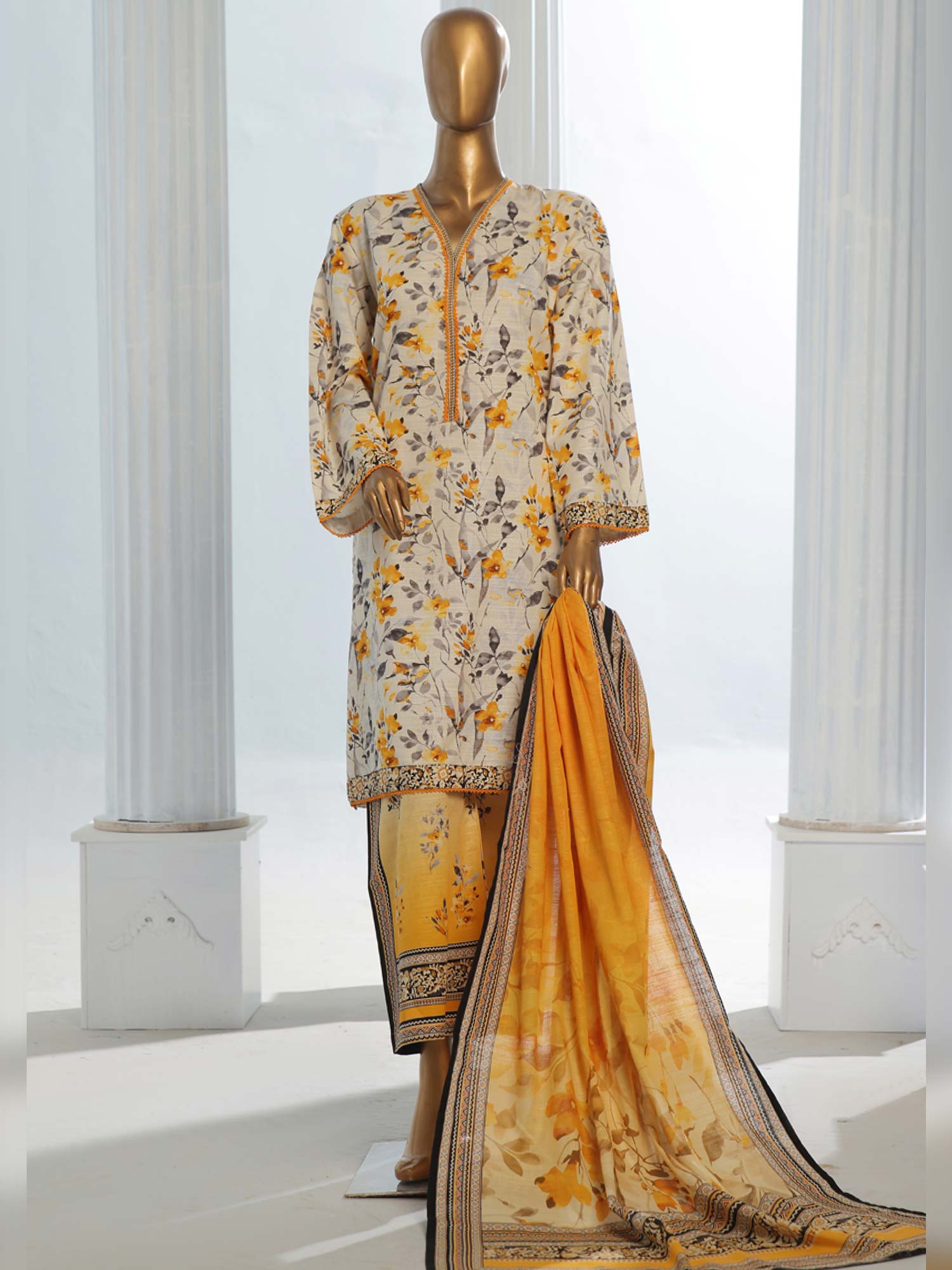 Bin Saeed Winter Khaddar 3-Piece Suit - Cream & Yellow