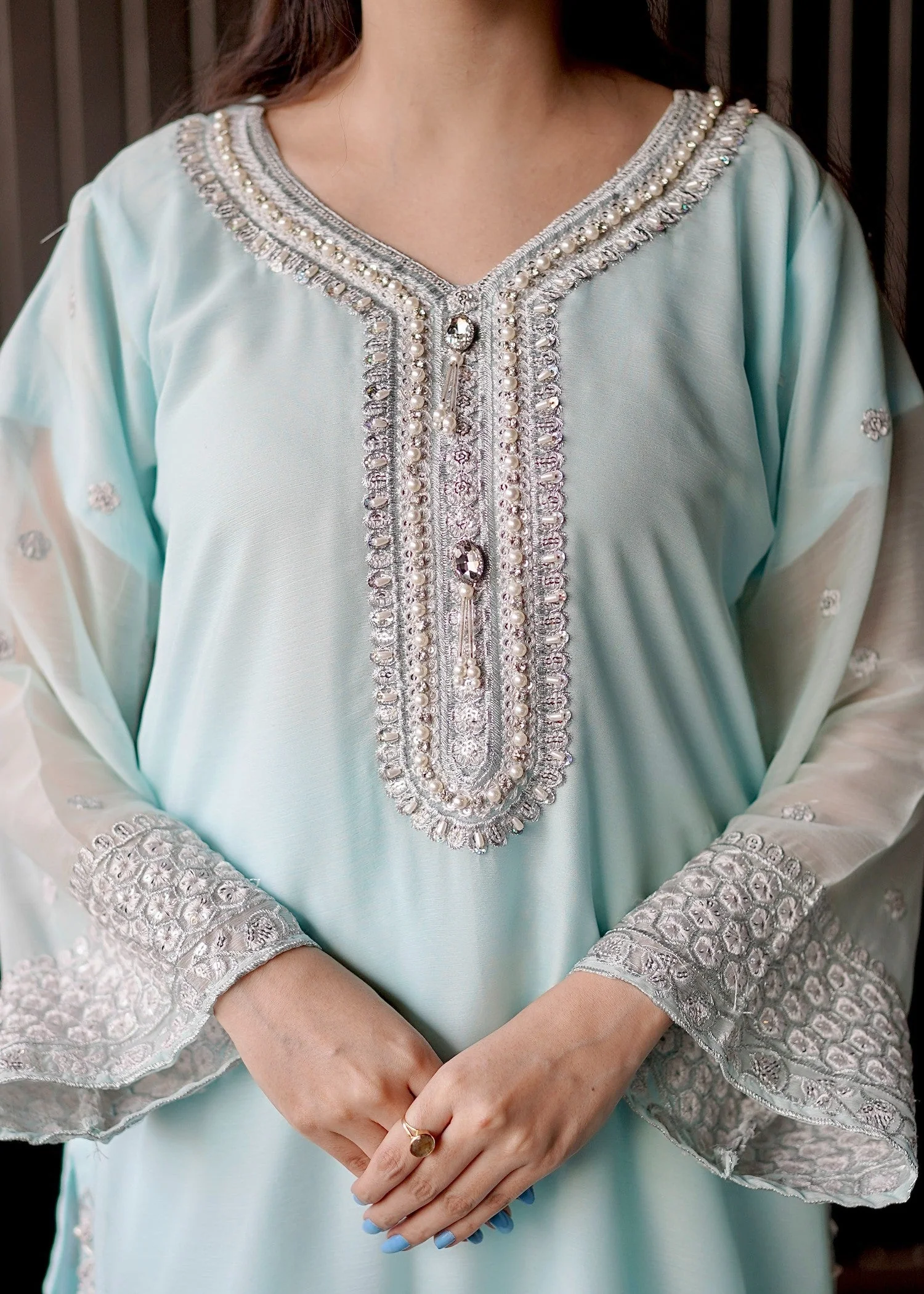 Sky Blue Embroidered Chiffon Suit with Gharara