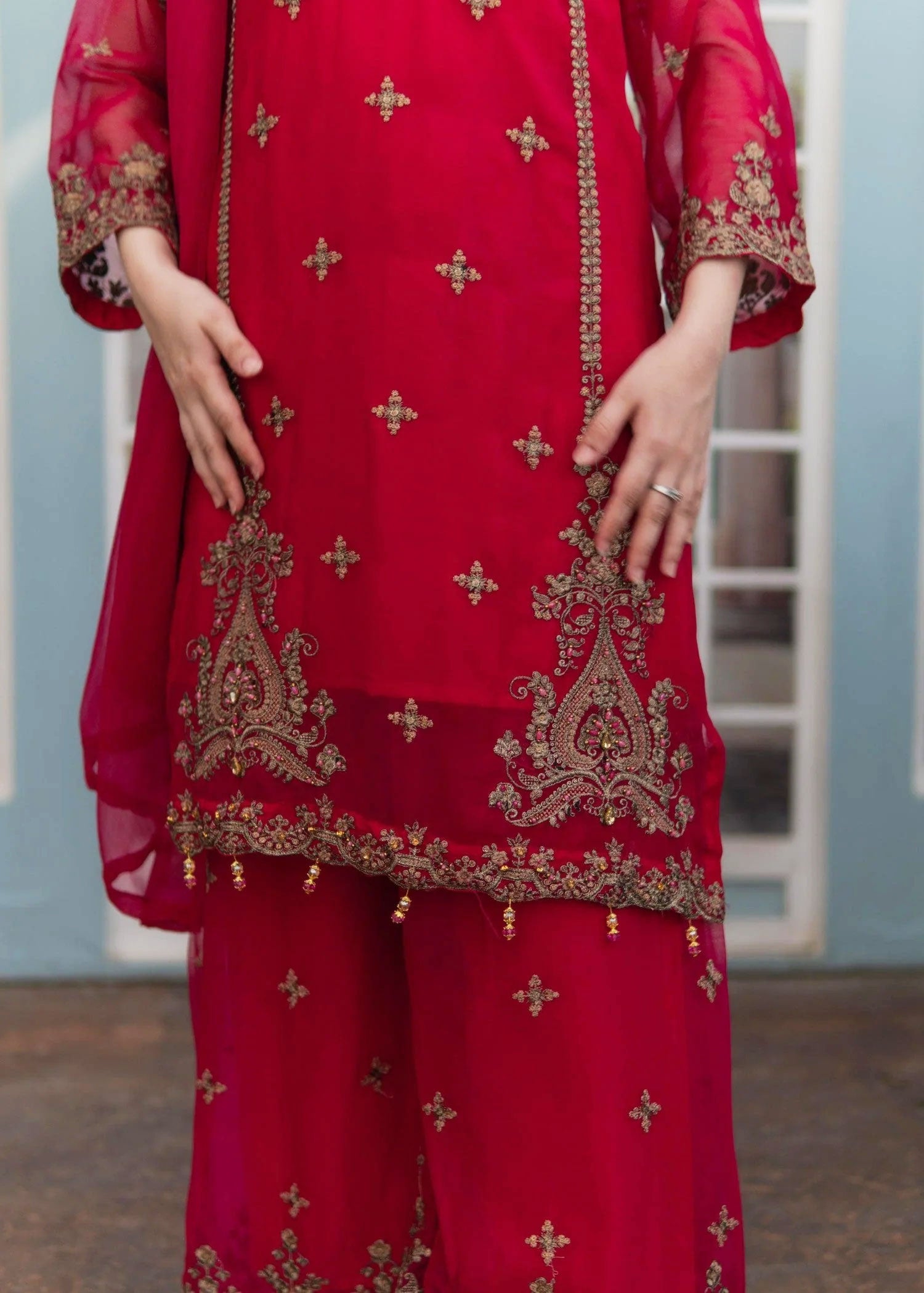 Red Embroidered Chiffon Suit with Sharara