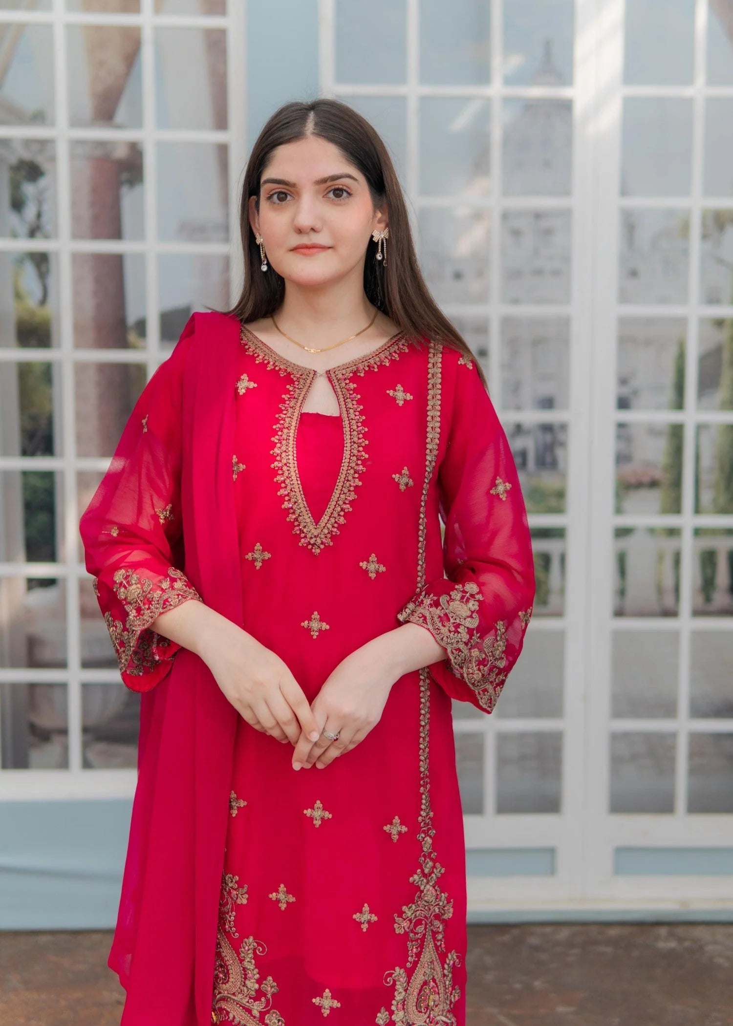 Red Embroidered Chiffon Suit with Sharara