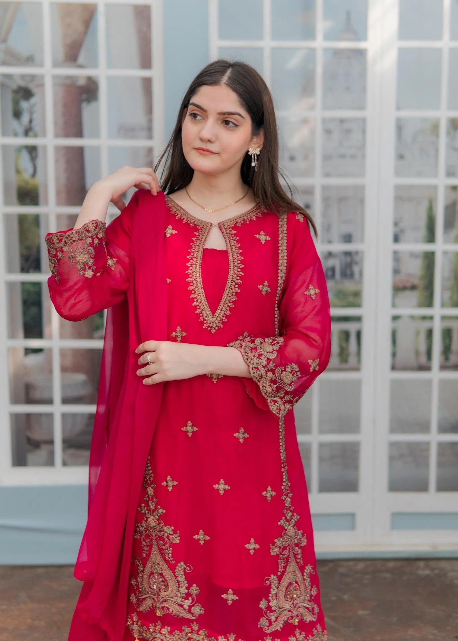 Red Embroidered Chiffon Suit with Sharara