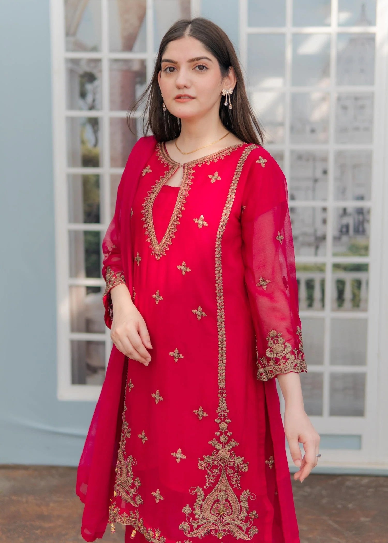 Red Embroidered Chiffon Suit with Sharara