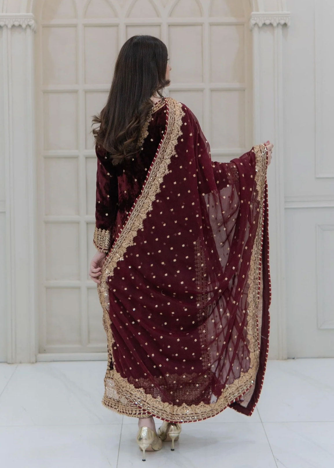 Maroon Embroidered Velvet Long Length 3-Piece Suit