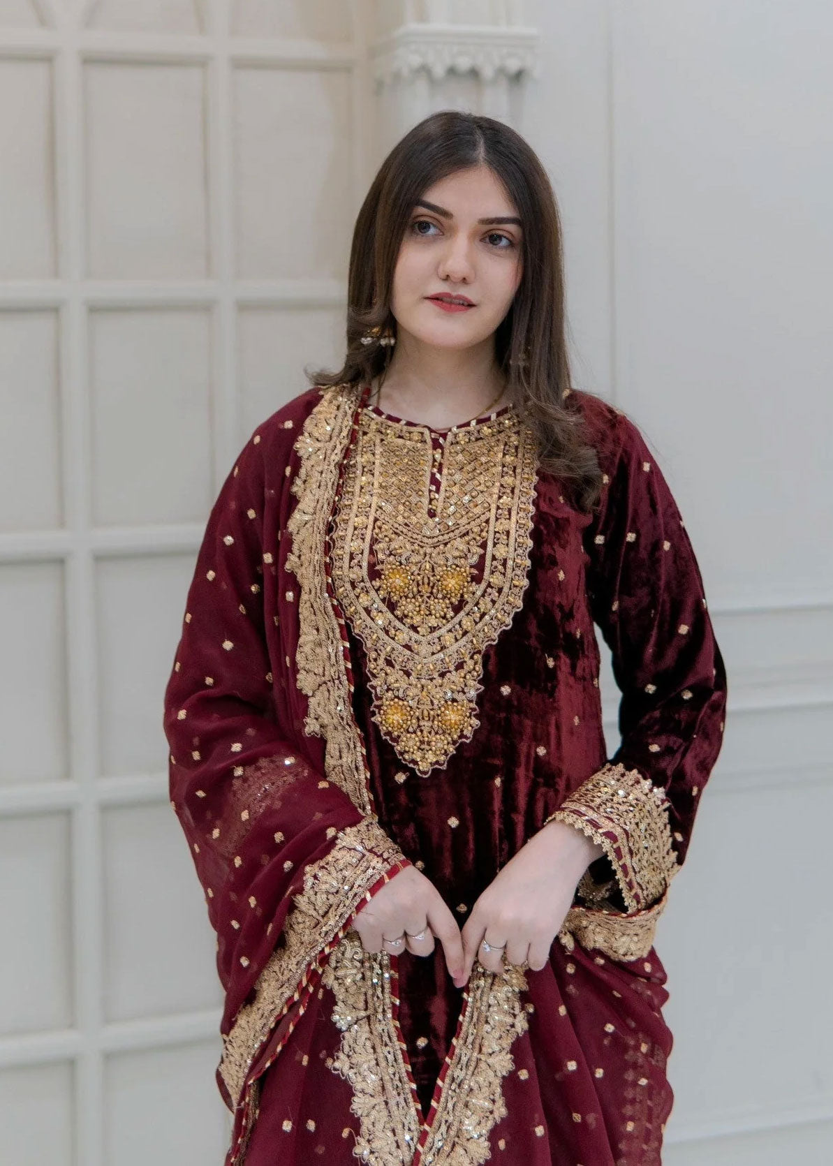 Maroon Embroidered Velvet Long Length 3-Piece Suit