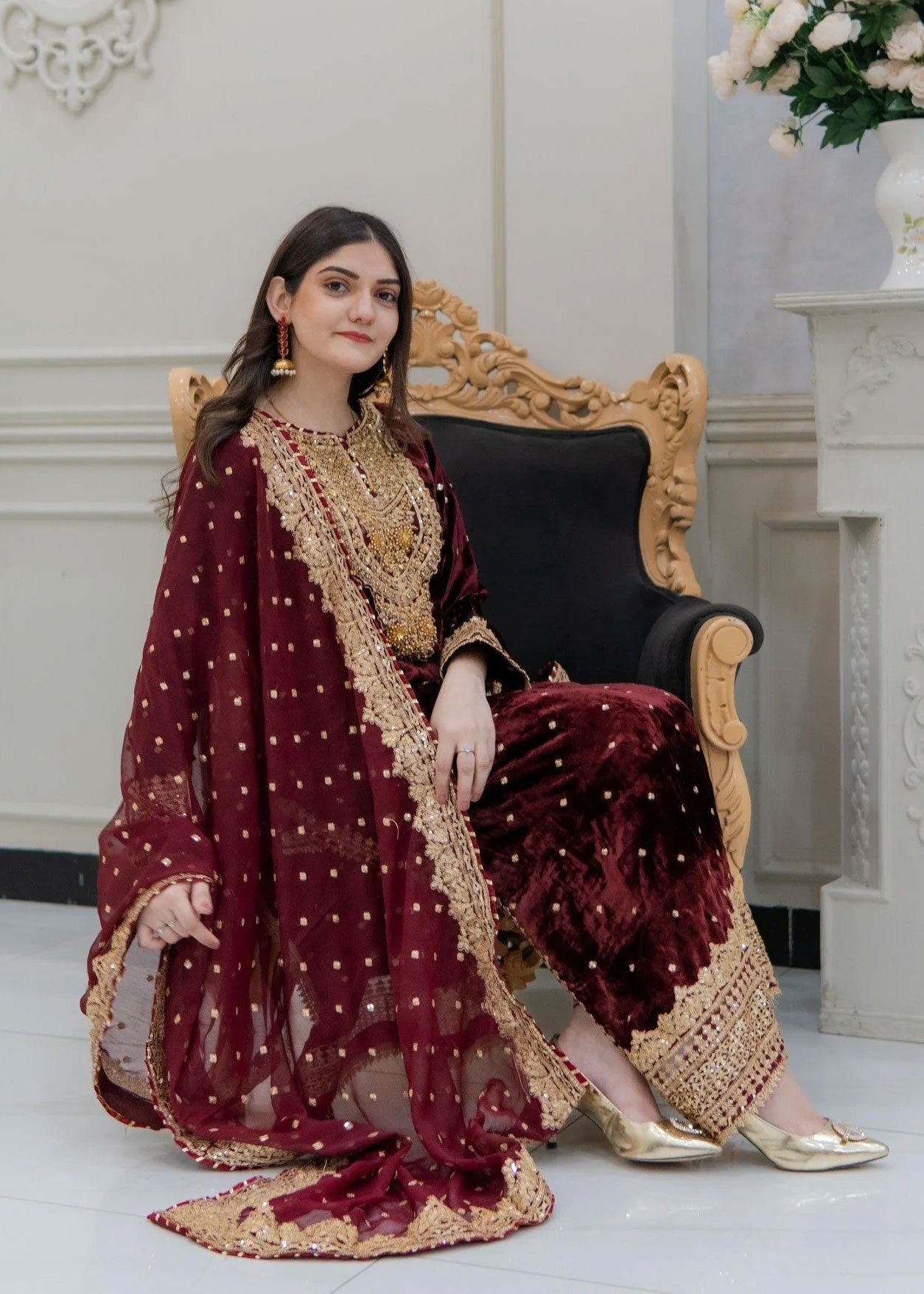 Maroon Embroidered Velvet Long Length 3-Piece Suit