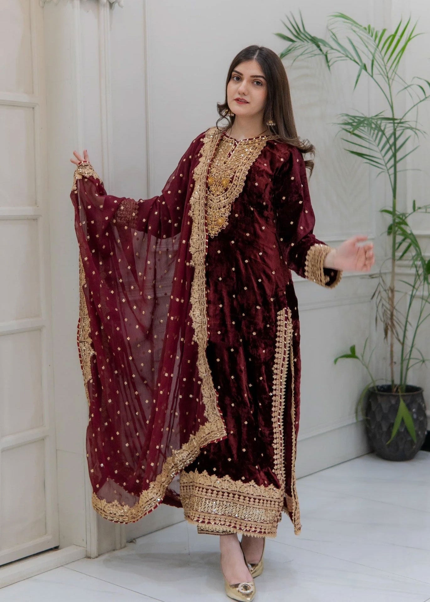 Maroon Embroidered Velvet Long Length 3-Piece Suit