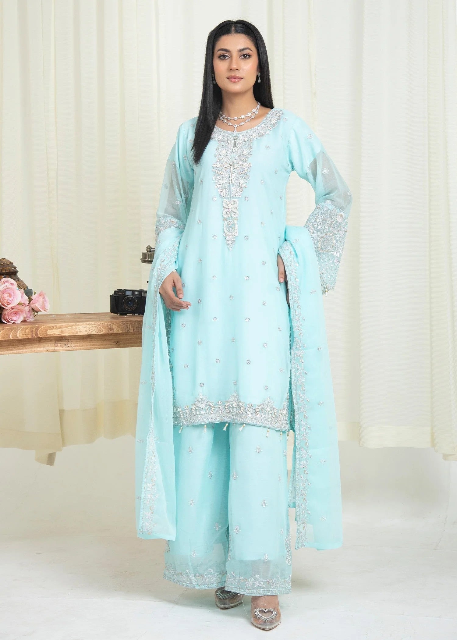 Sky Blue Embroidered Chiffon Suit with Gharara