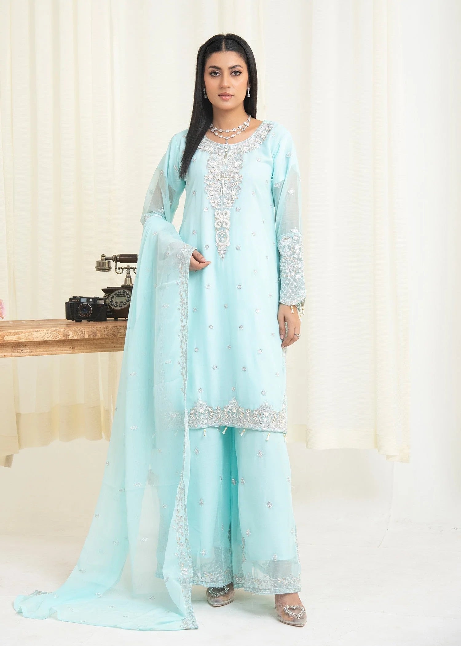 Sky Blue Embroidered Chiffon Suit with Gharara