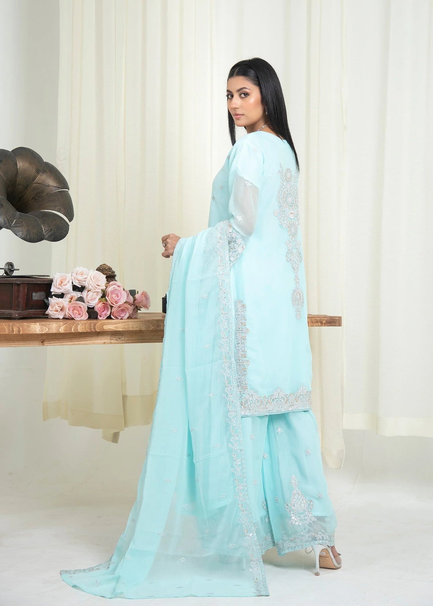 Sky Blue Embroidered Chiffon Suit with Gharara