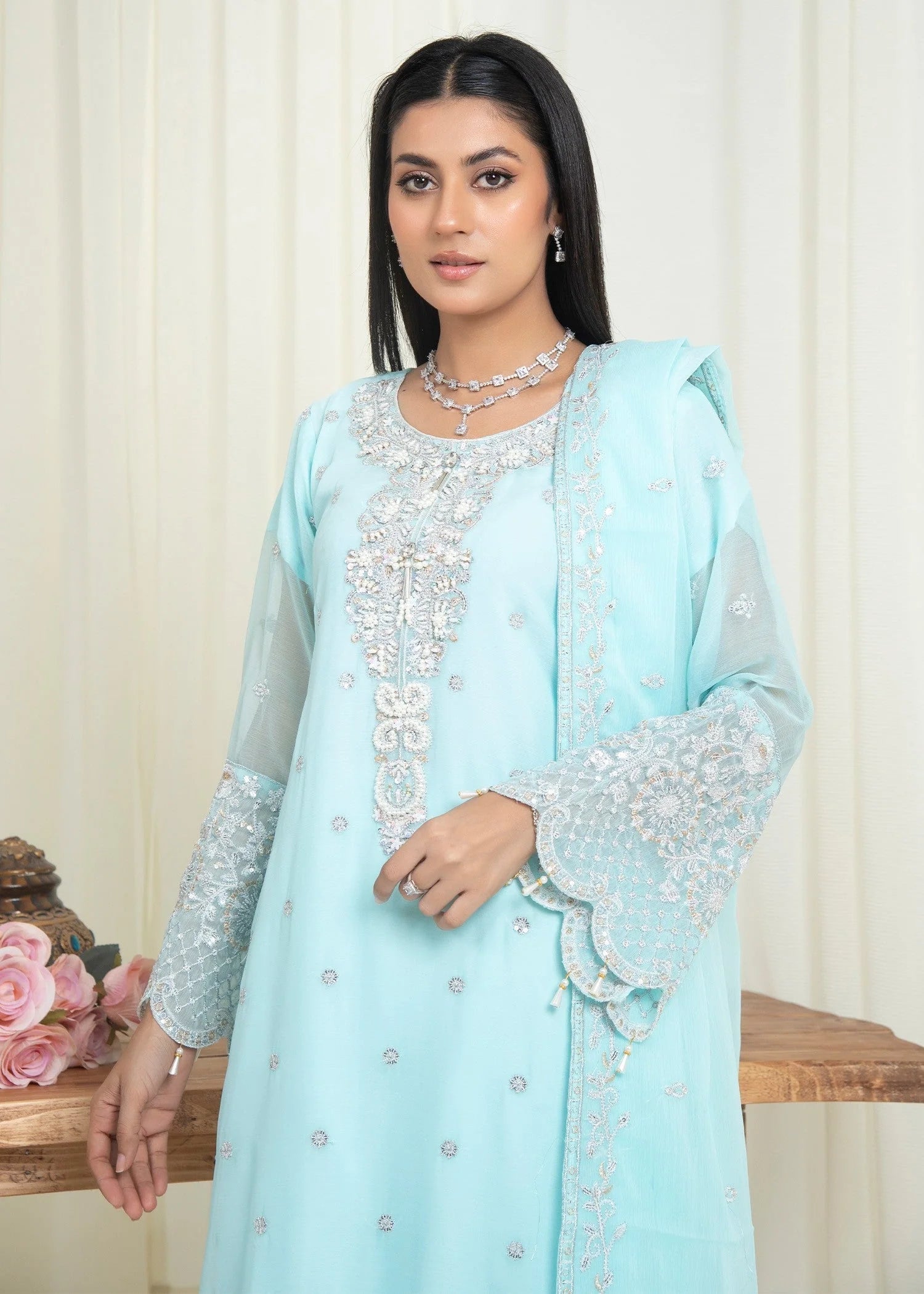 Sky Blue Embroidered Chiffon Suit with Gharara