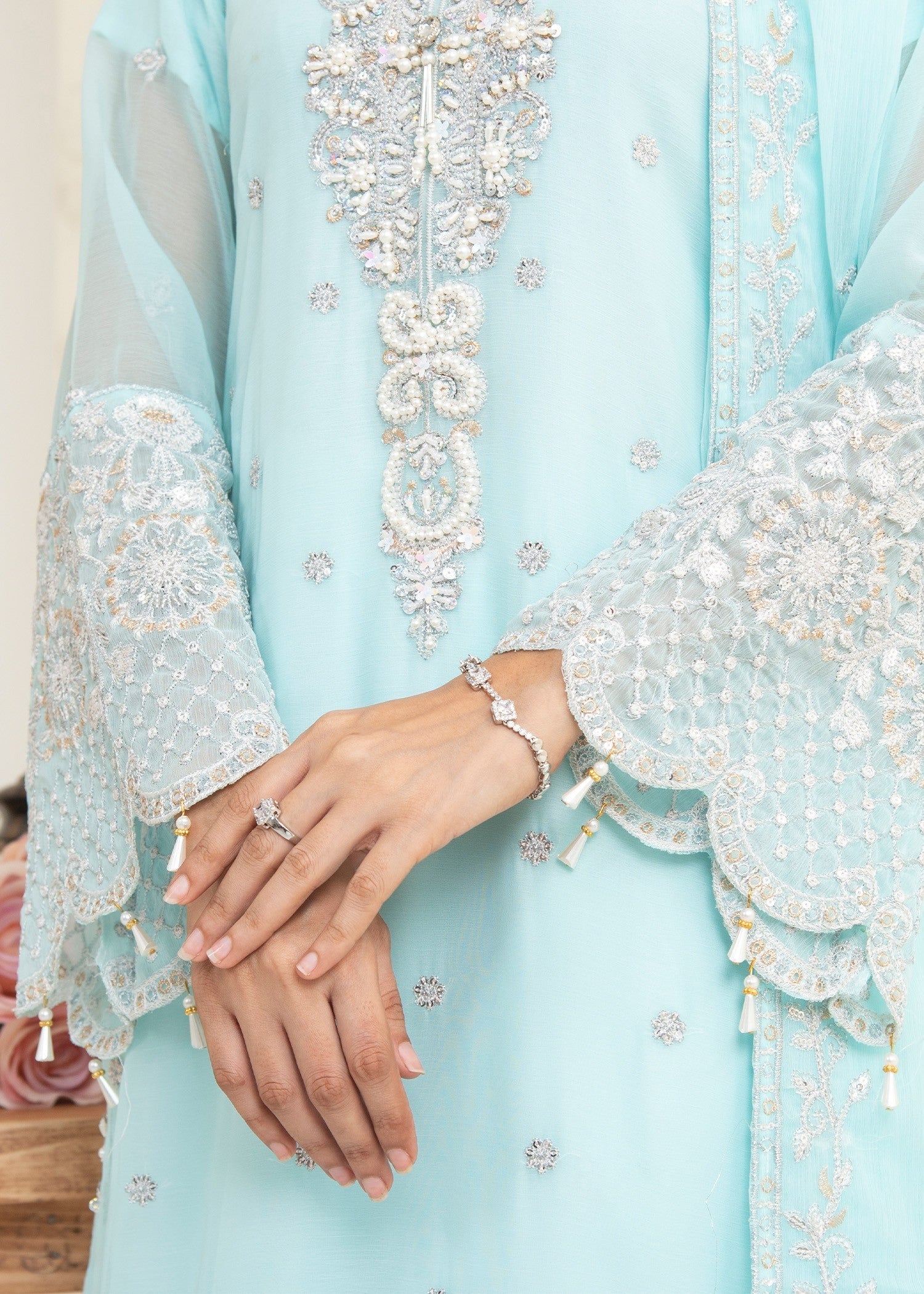 Sky Blue Embroidered Chiffon Suit with Gharara