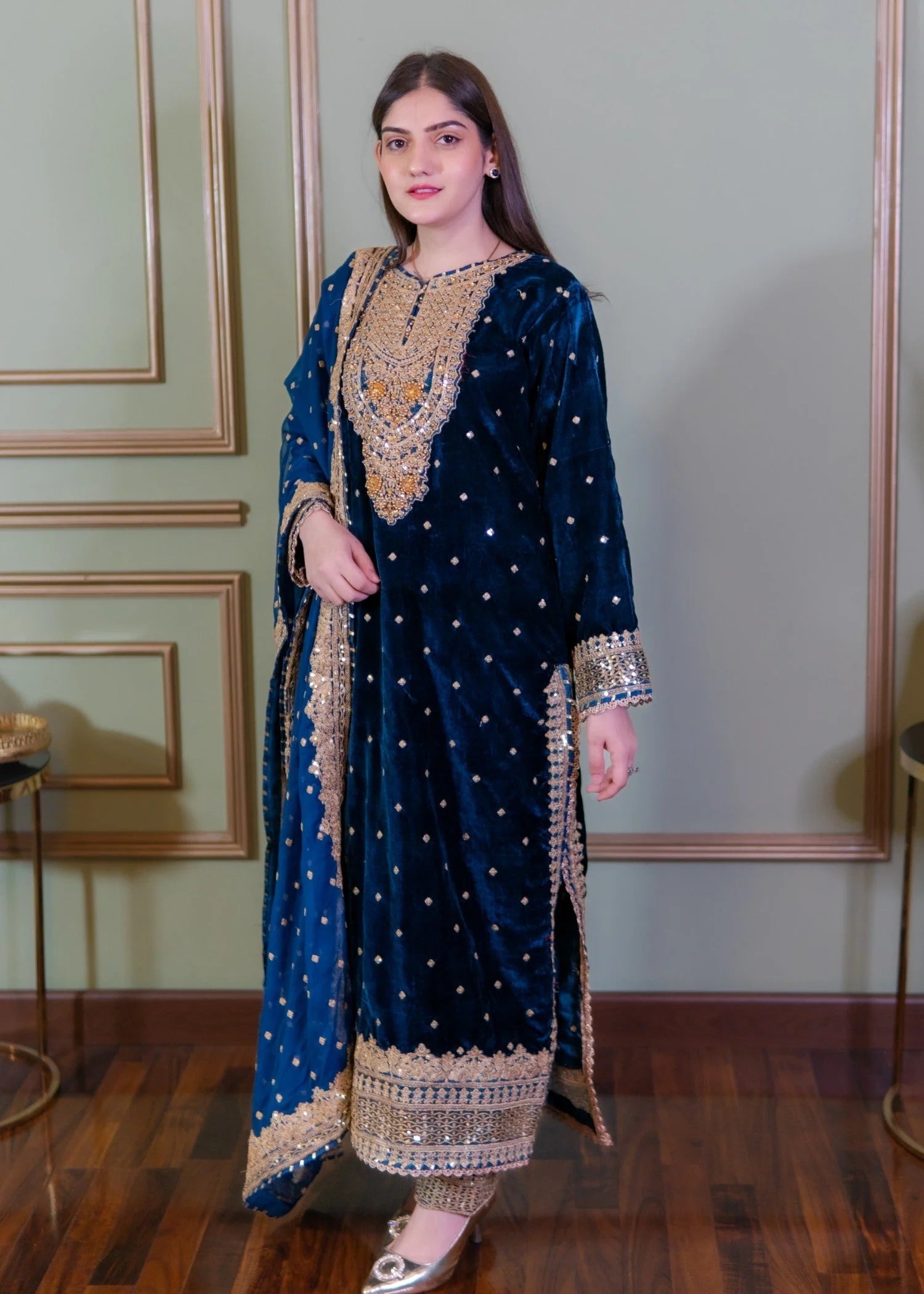 Zinc Blue Embroidered Velvet Long Length 3-Piece Suit