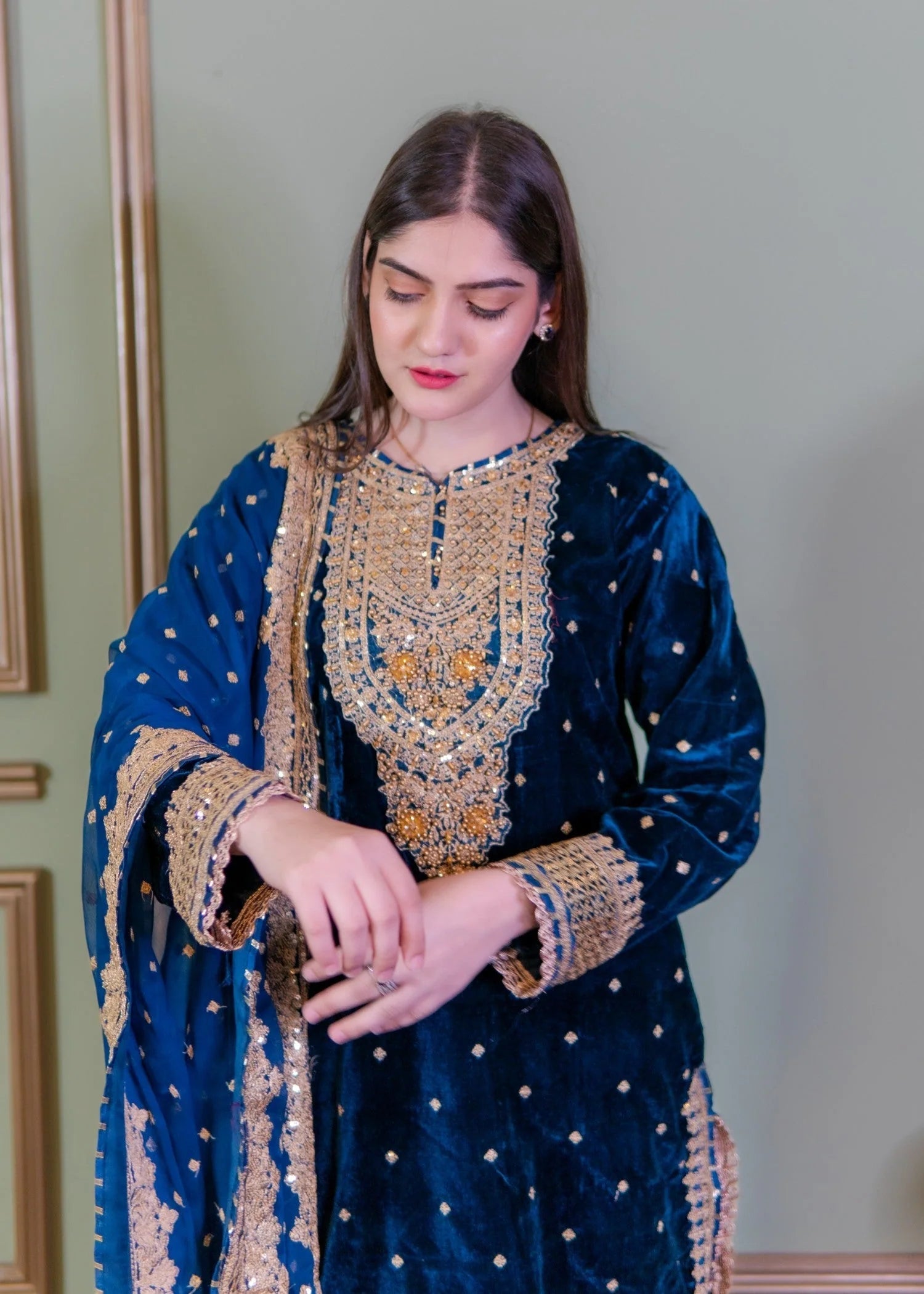 Zinc Blue Embroidered Velvet Long Length 3-Piece Suit