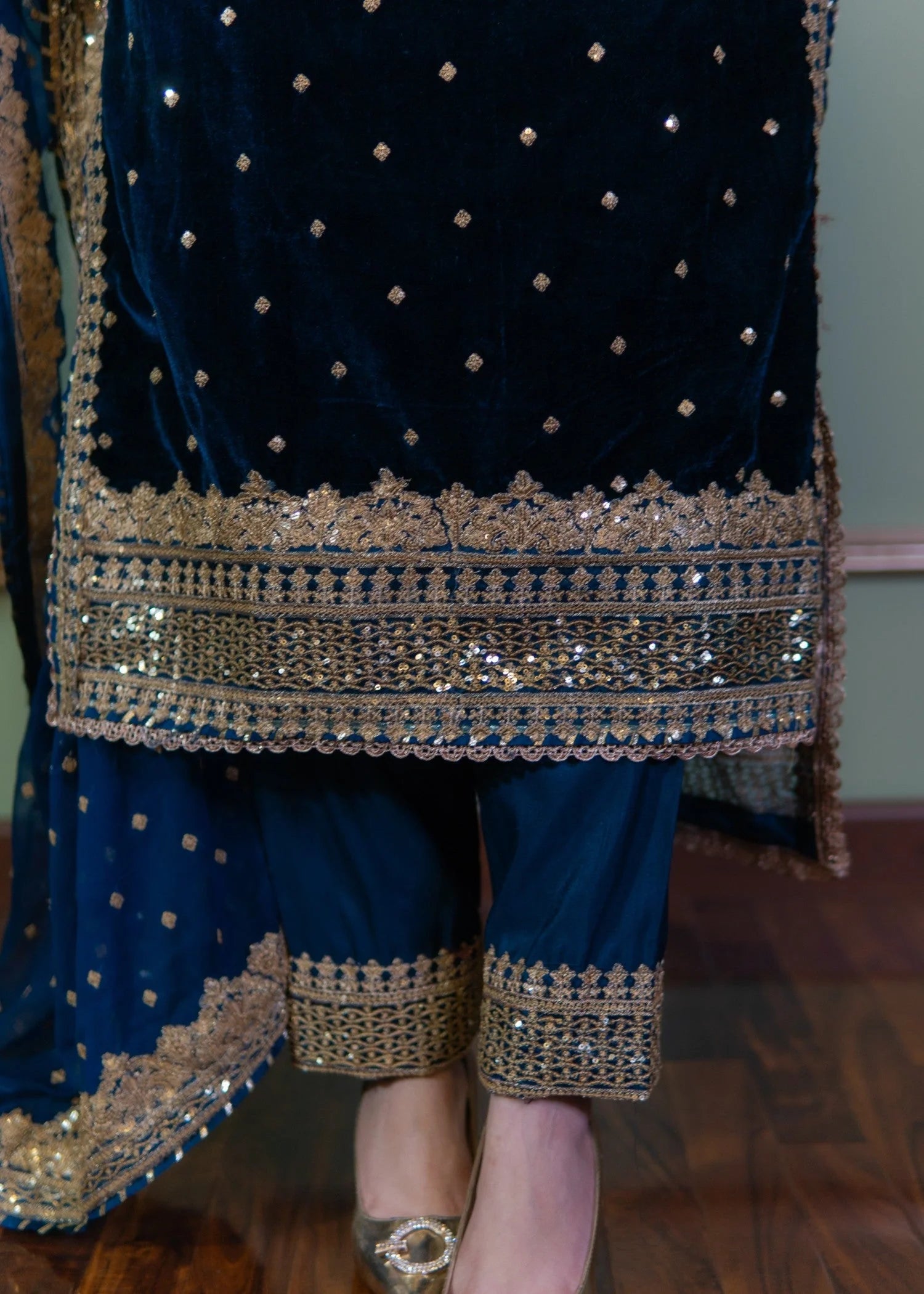 Zinc Blue Embroidered Velvet Long Length 3-Piece Suit