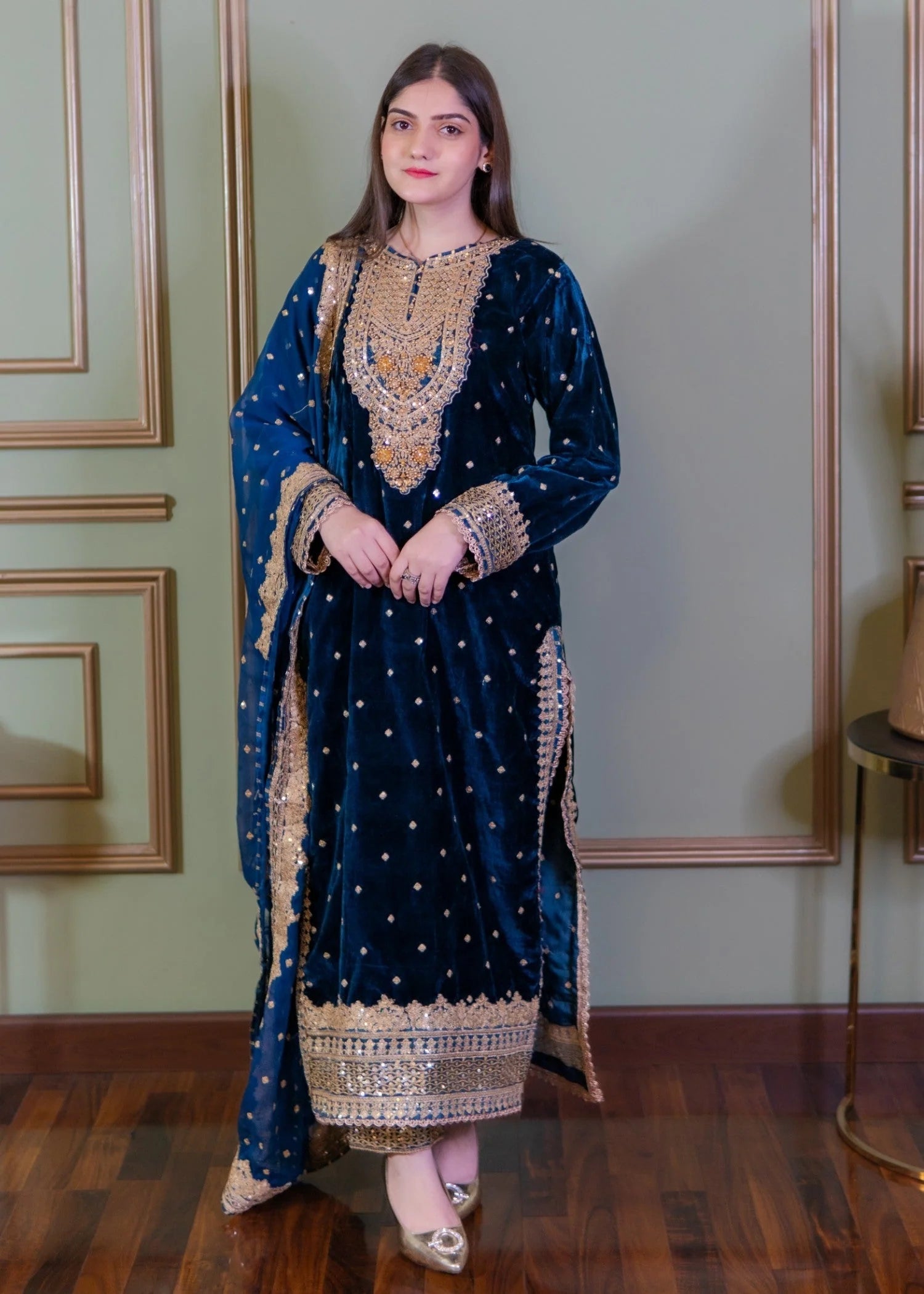 Zinc Blue Embroidered Velvet Long Length 3-Piece Suit