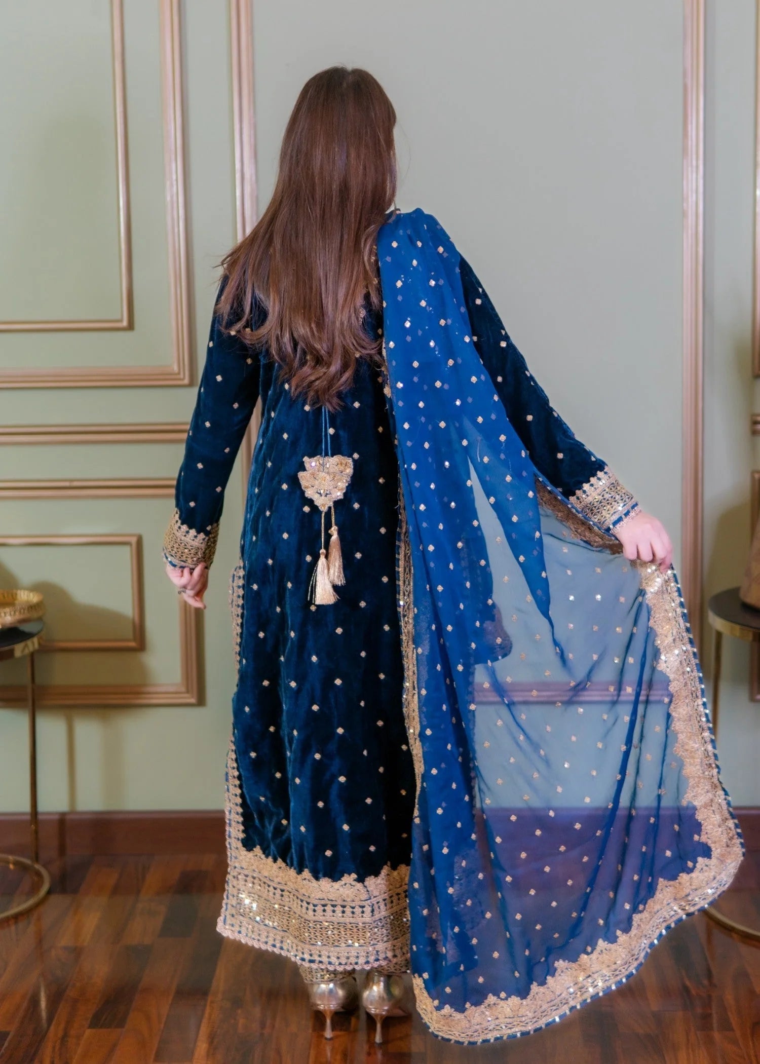 Zinc Blue Embroidered Velvet Long Length 3-Piece Suit