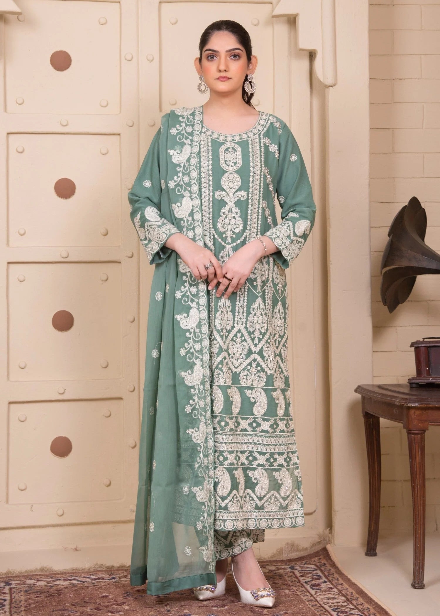 Pistachio Luxury Embroidered Chiffon 3-Piece Suit