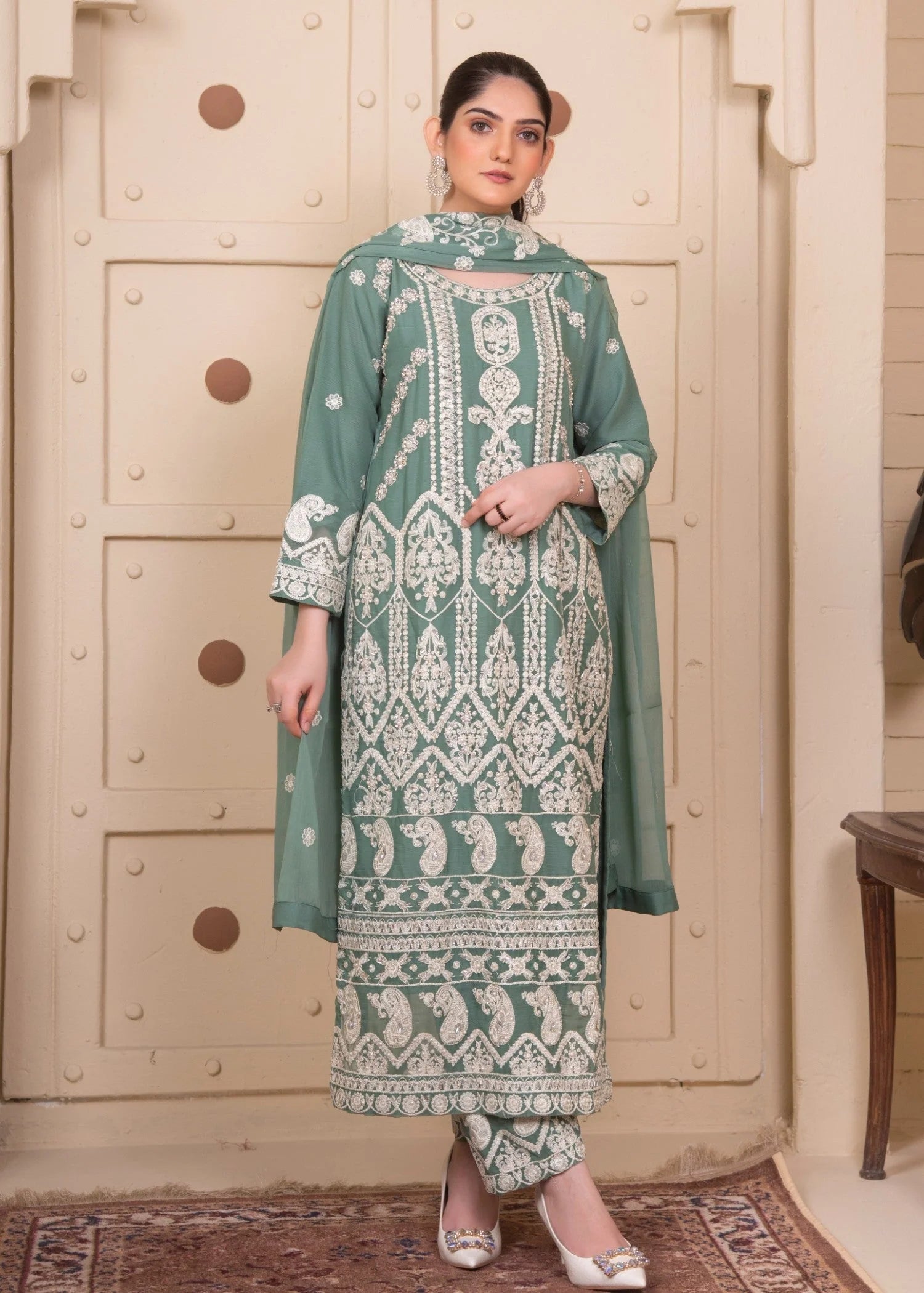 Pistachio Luxury Embroidered Chiffon 3-Piece Suit