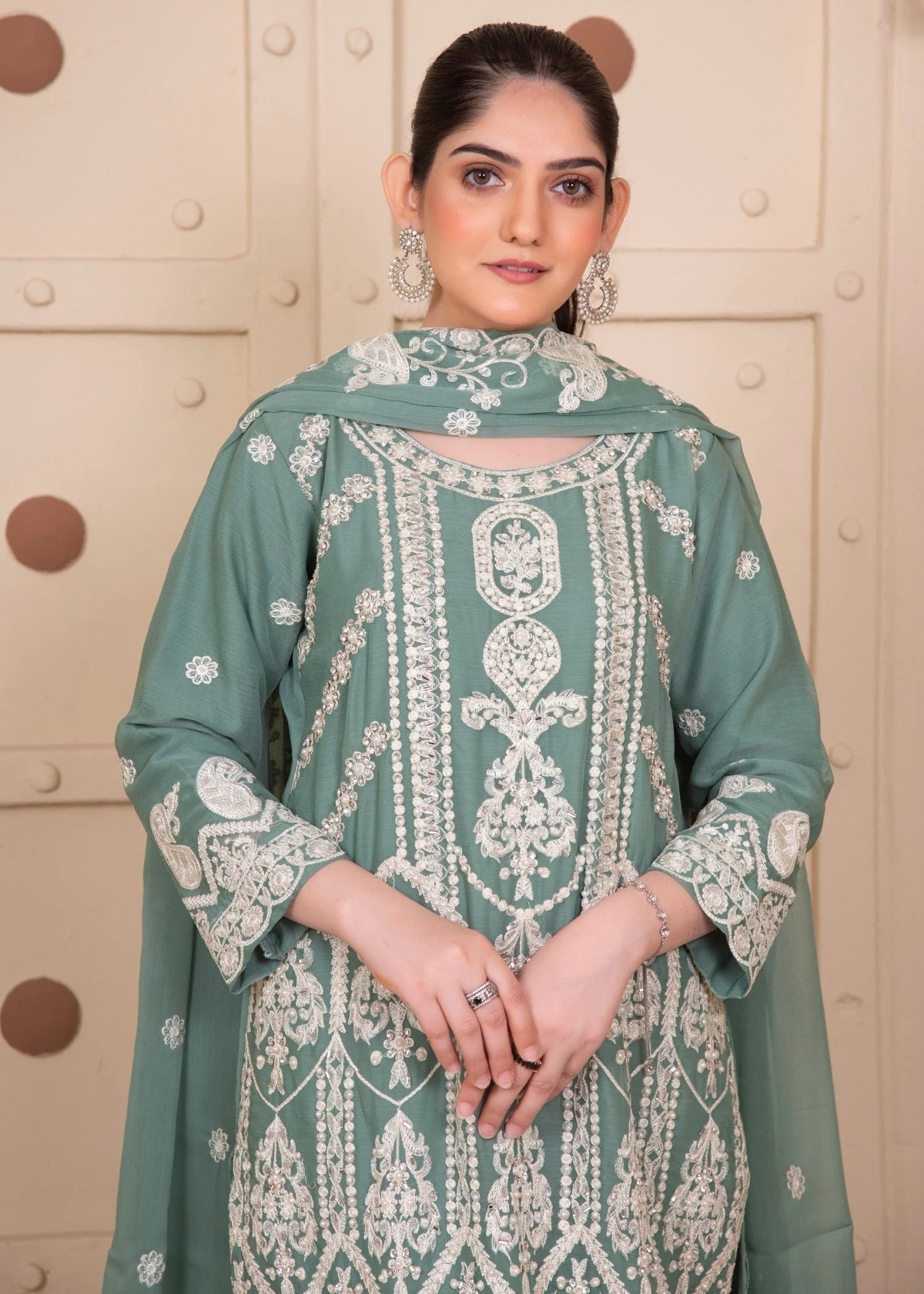 Pistachio Luxury Embroidered Chiffon 3-Piece Suit