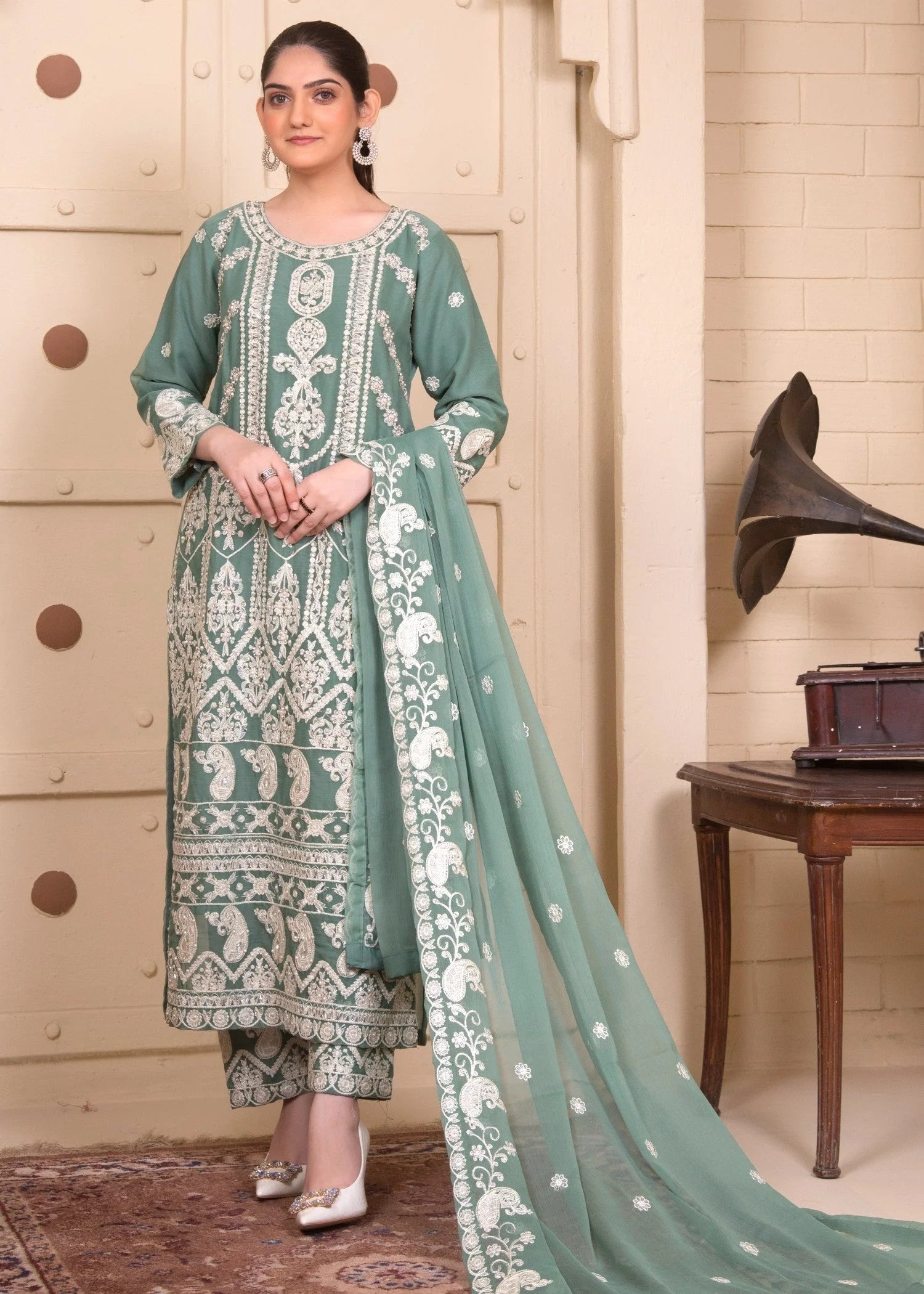 Pistachio Luxury Embroidered Chiffon 3-Piece Suit