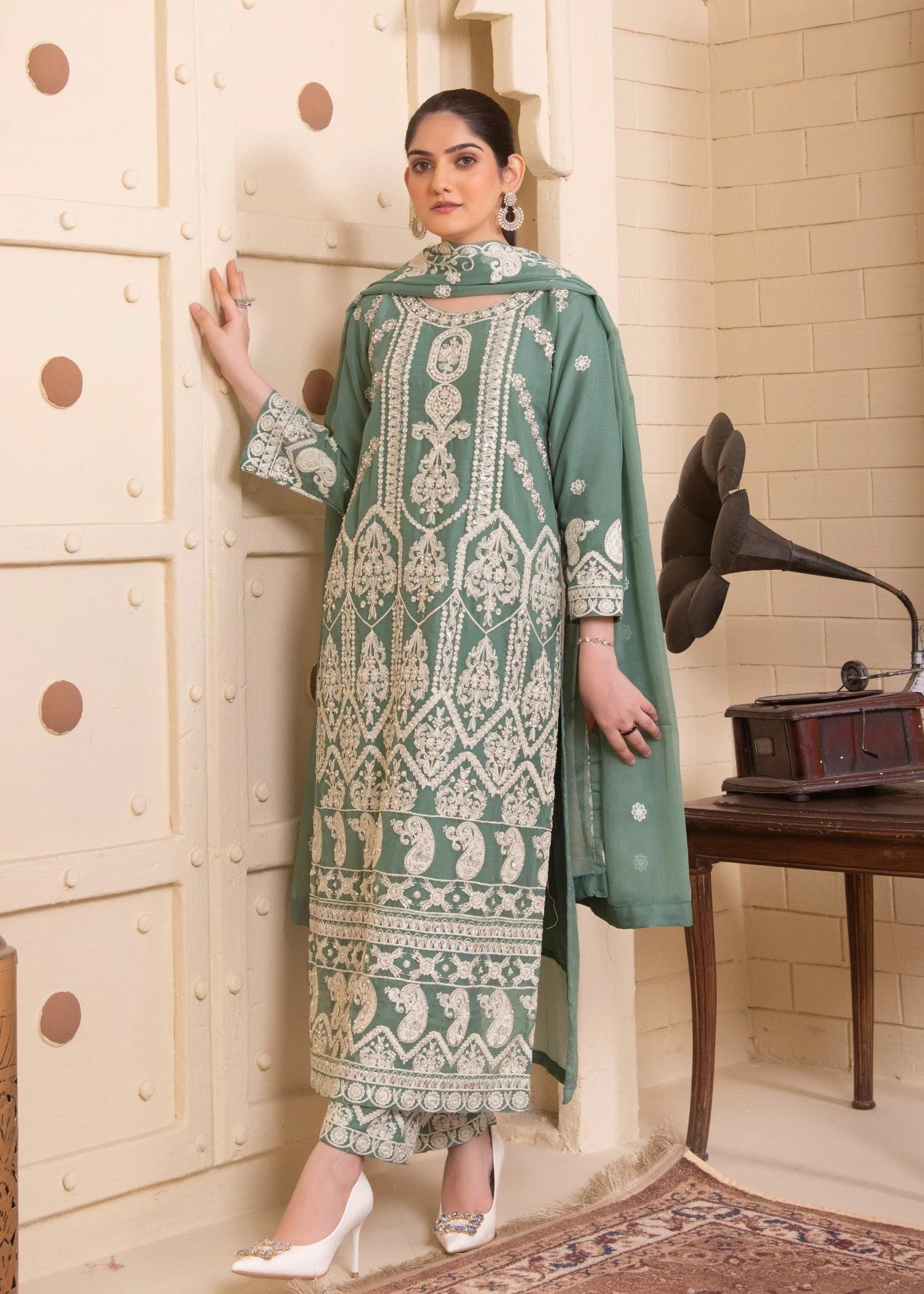 Pistachio Luxury Embroidered Chiffon 3-Piece Suit