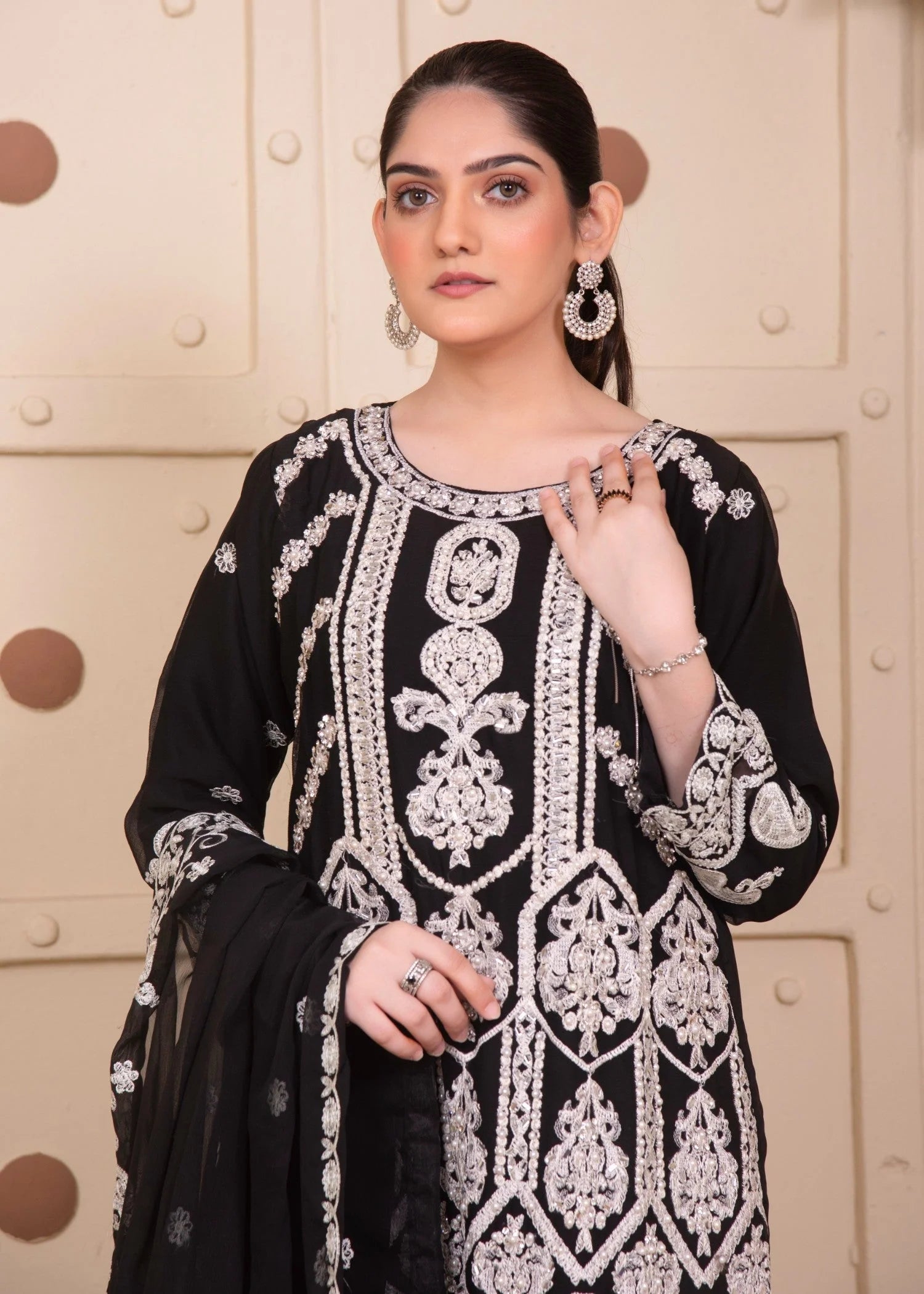 Black Luxury Embroidered Chiffon 3-Piece Suit