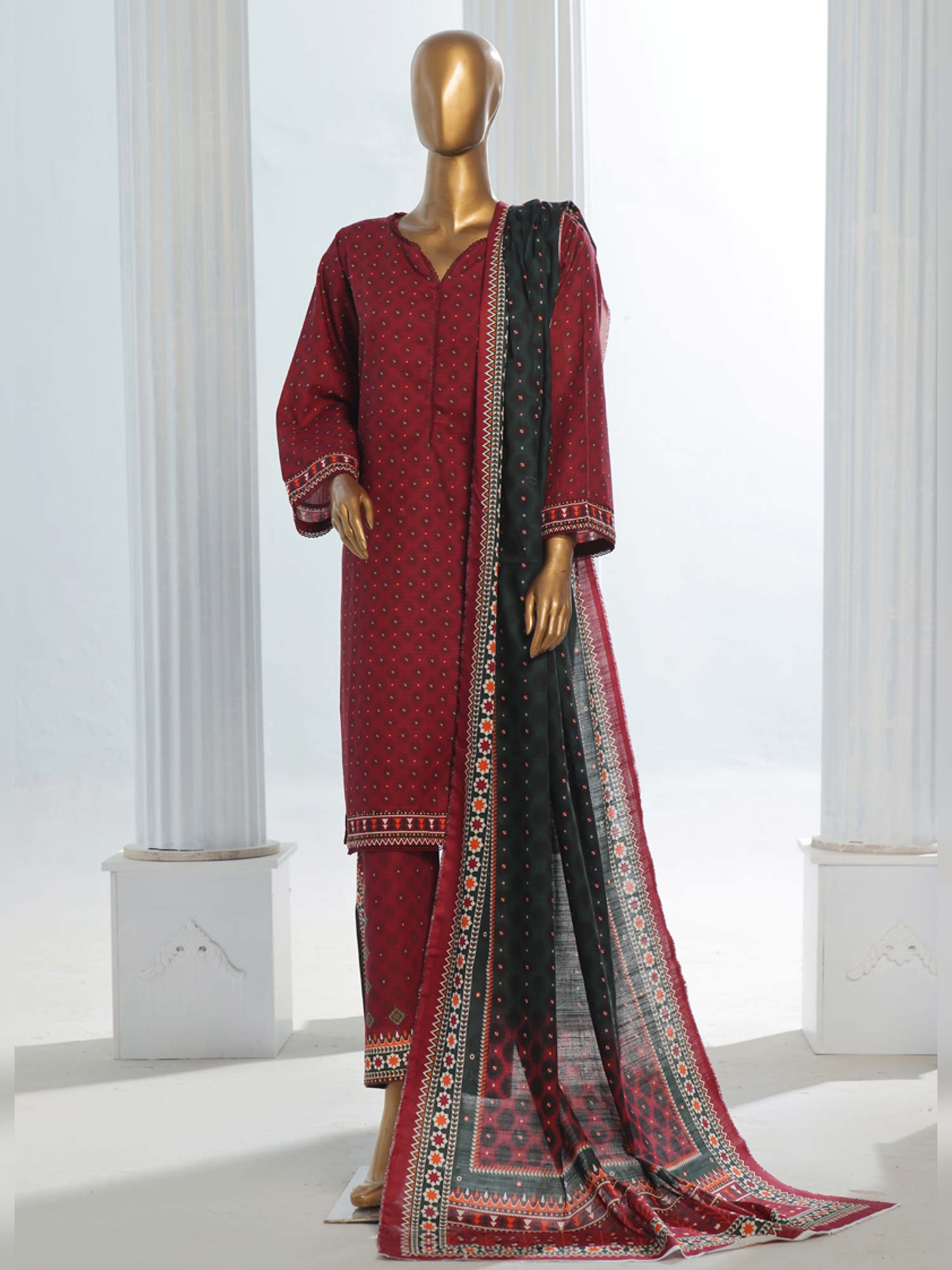 Bin Saeed Winter Khaddar 3-Piece Suit - Dark Pink