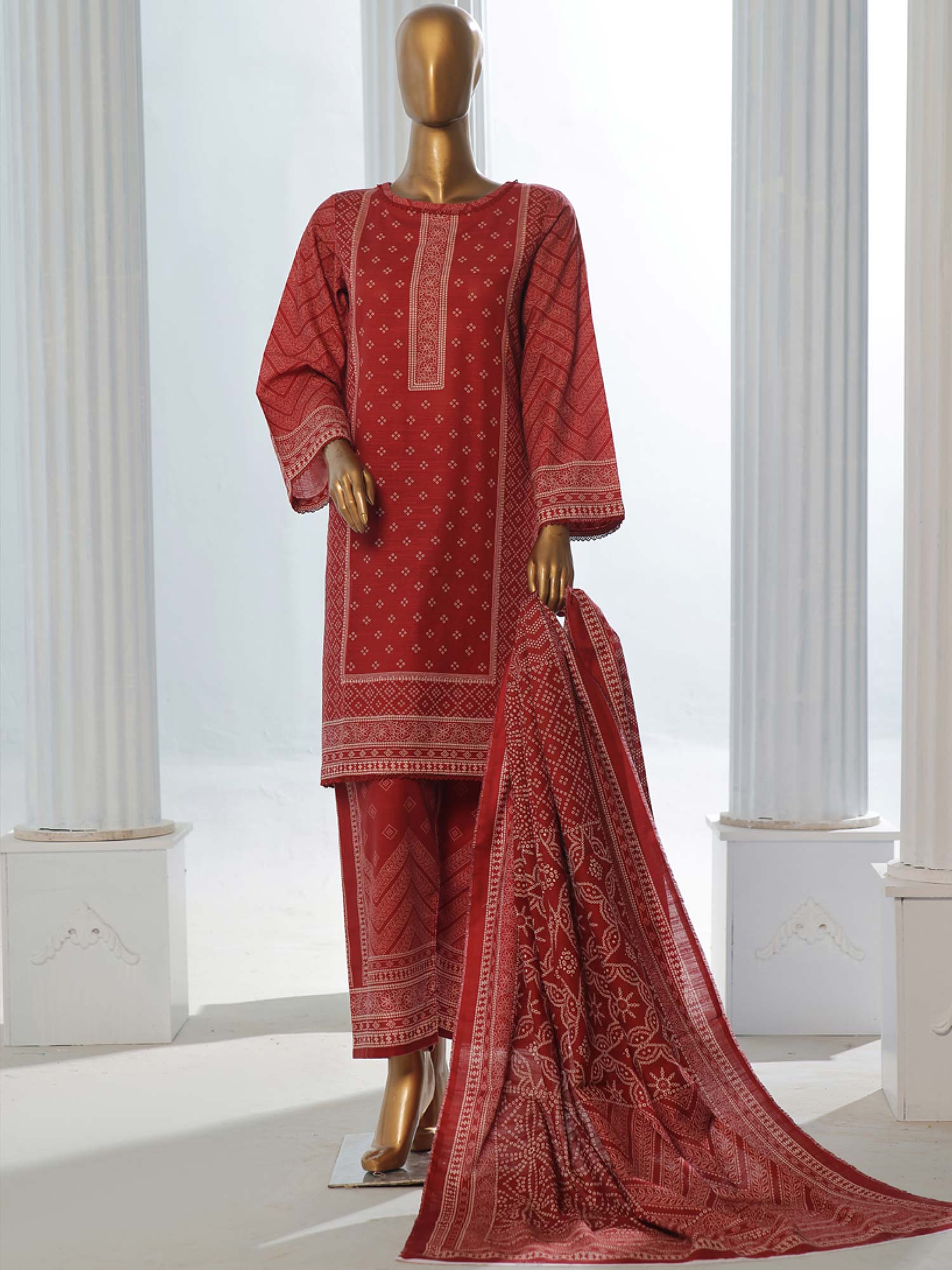 Bin Saeed Winter Khaddar 3-Piece Suit - Dark Red