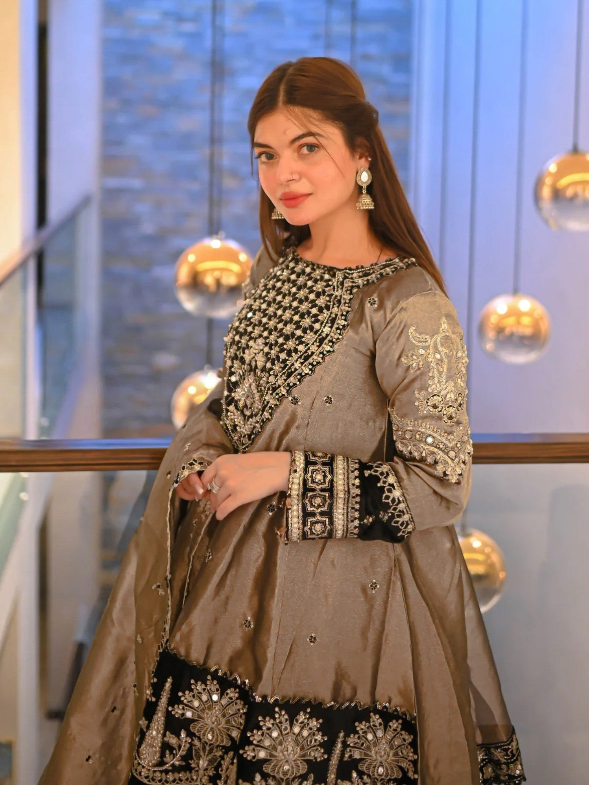 Ally's Copper Embroidered Raw Silk Suit with Gharara (AL-3763)