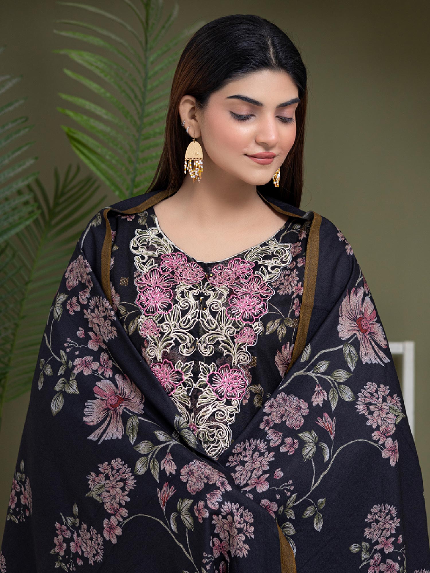 Rangz Black Floral Dhanak Suit with Shawl