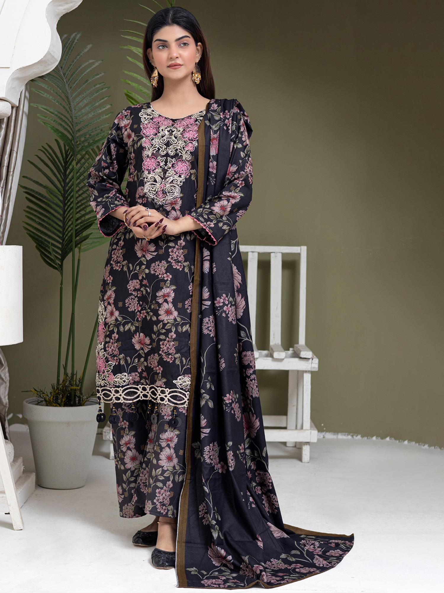 Rangz Black Floral Dhanak Suit with Shawl