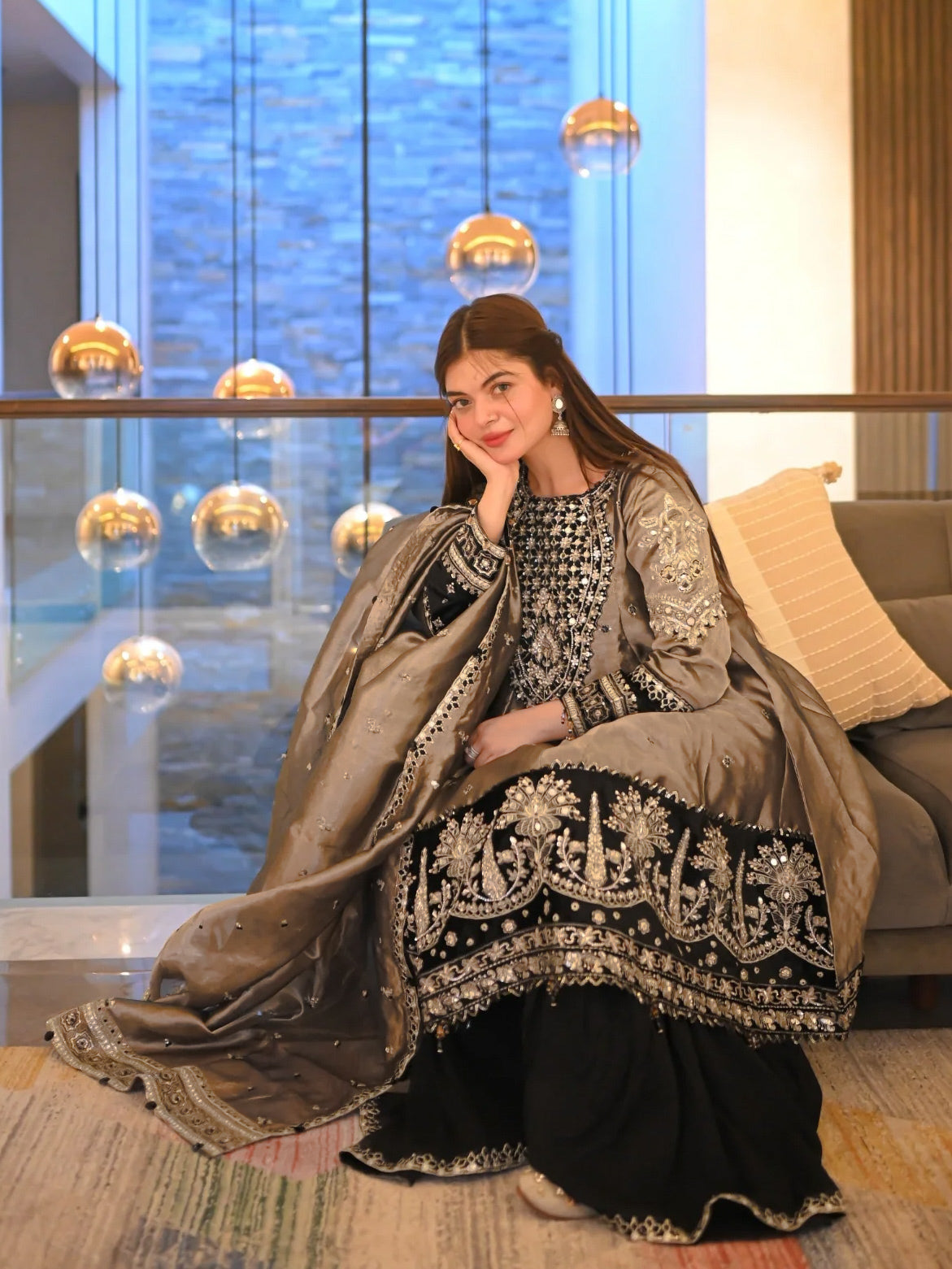 Ally's Copper Embroidered Raw Silk Suit with Gharara (AL-3763)