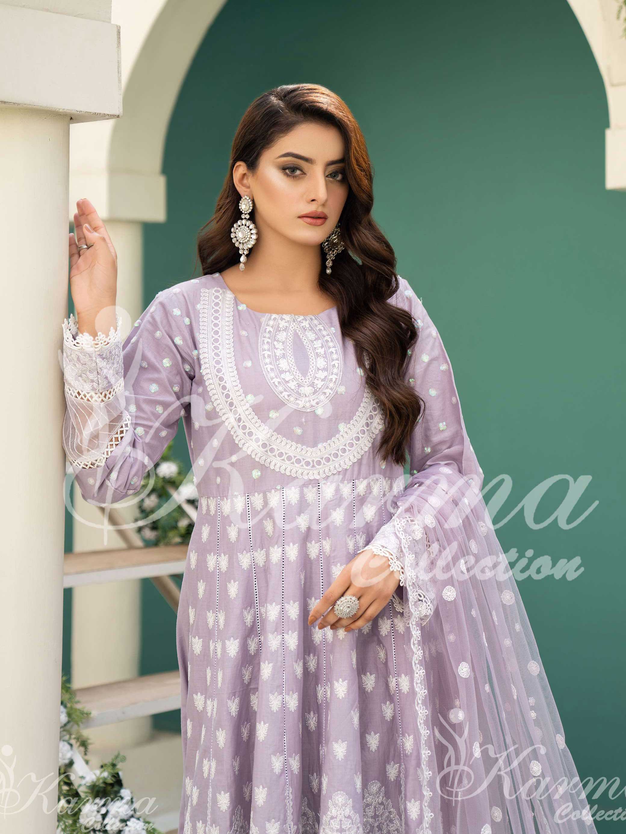 Karma Collection Lilac Embroidered Long Frock 3-Piece Suit (1303)