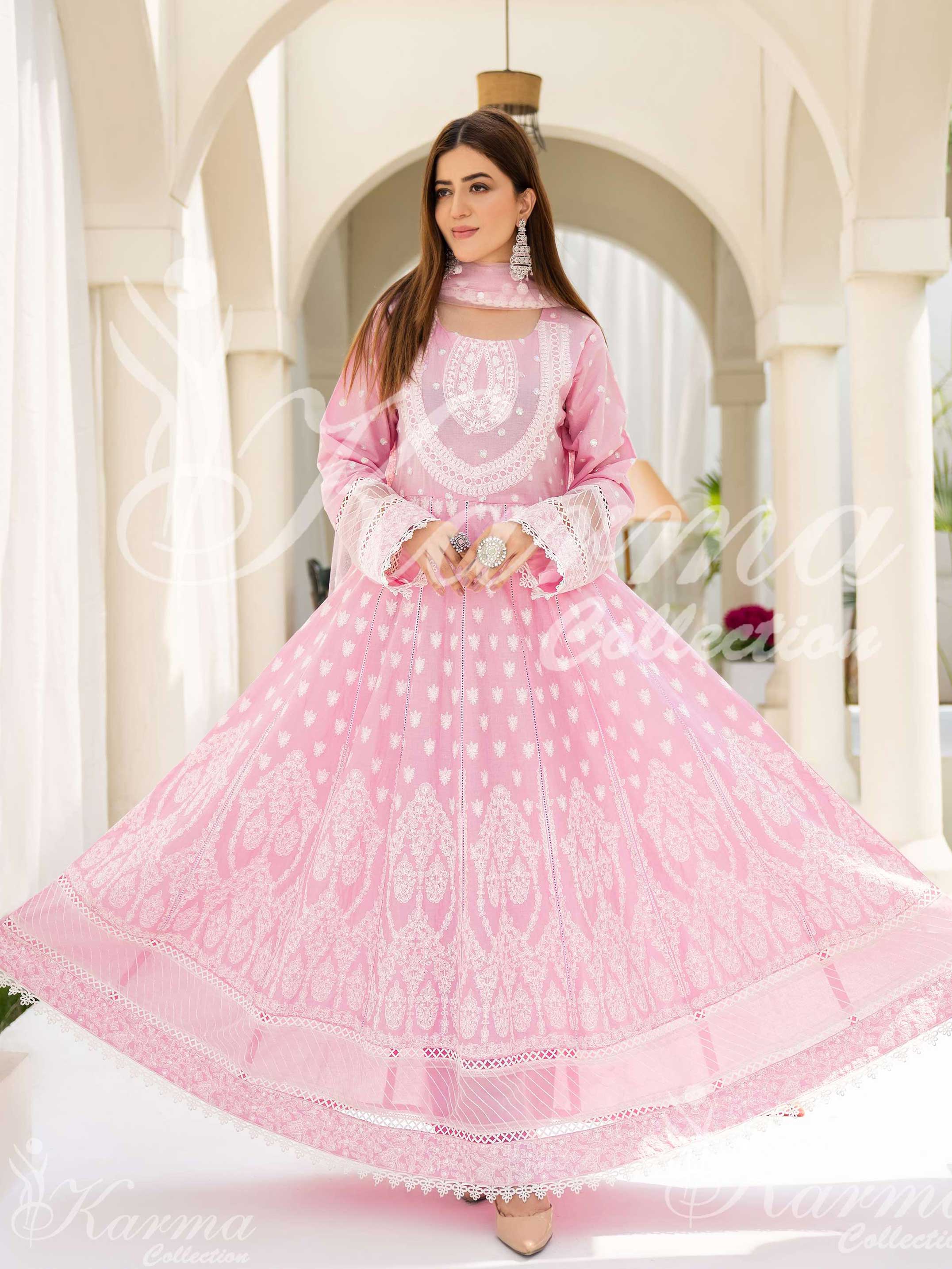 Karma Collection Pink Embroidered Long Frock 3-Piece Suit (1303)