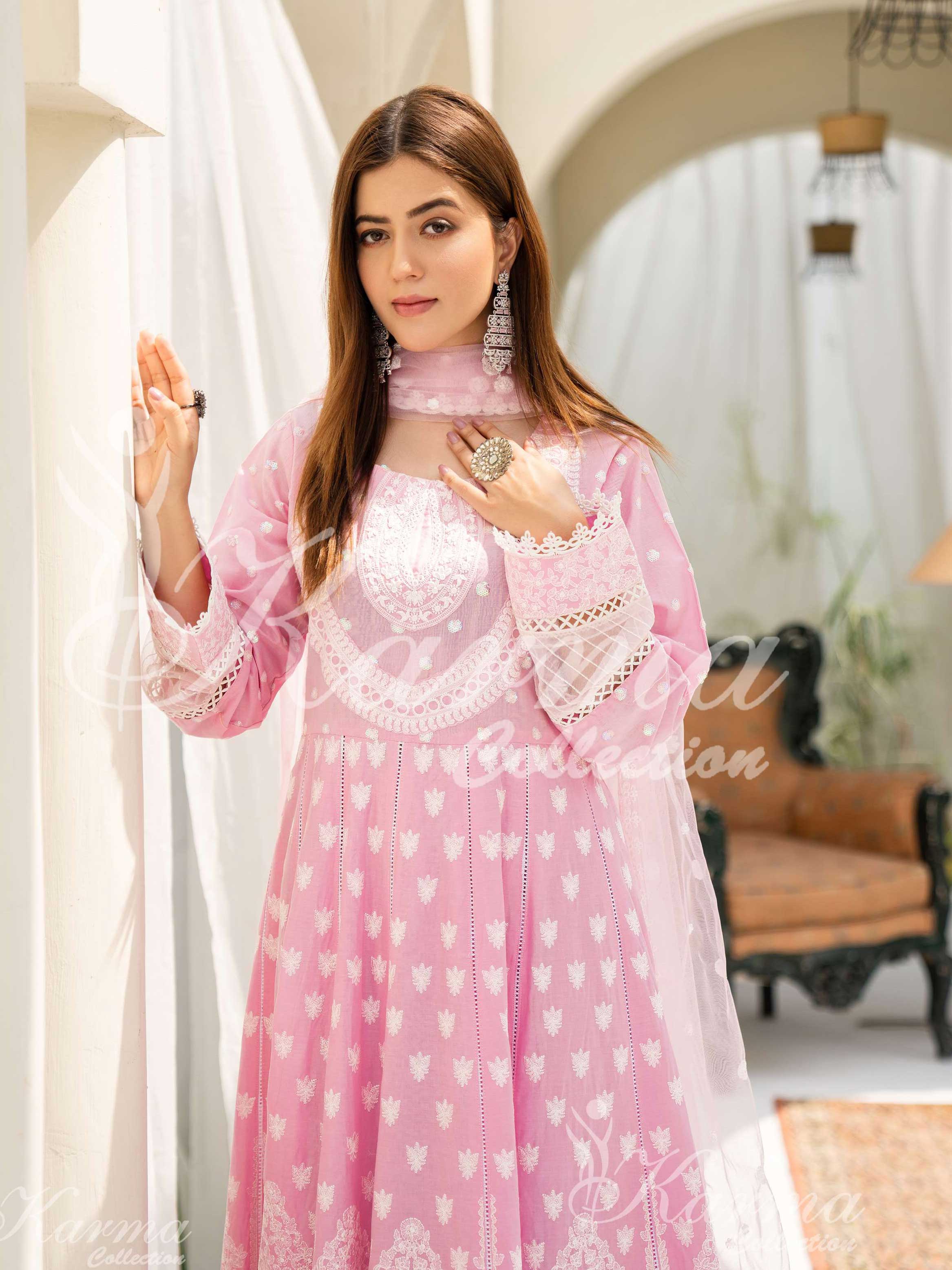 Karma Collection Pink Embroidered Long Frock 3-Piece Suit (1303)