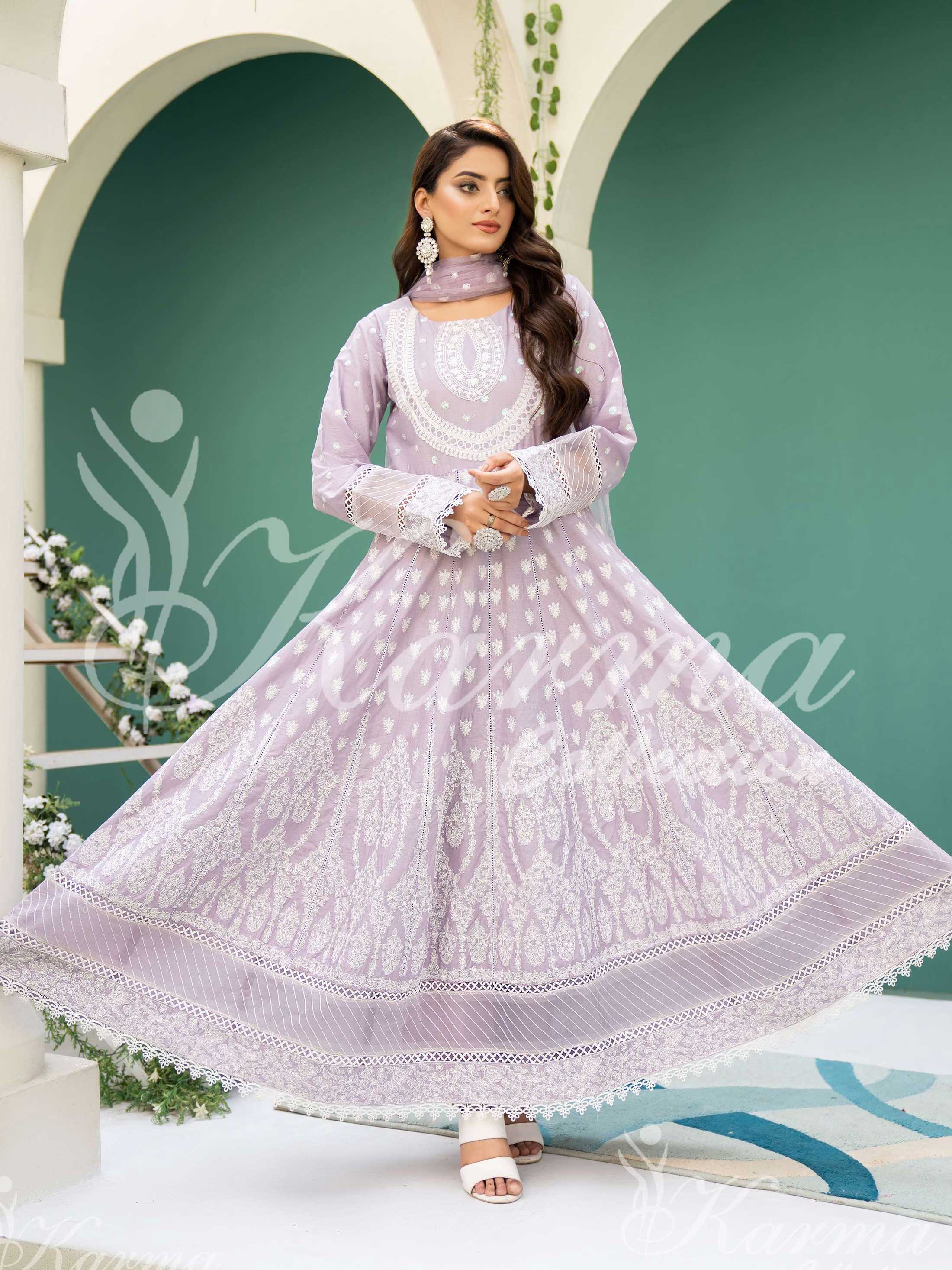 Karma Collection Lilac Embroidered Long Frock 3-Piece Suit (1303)