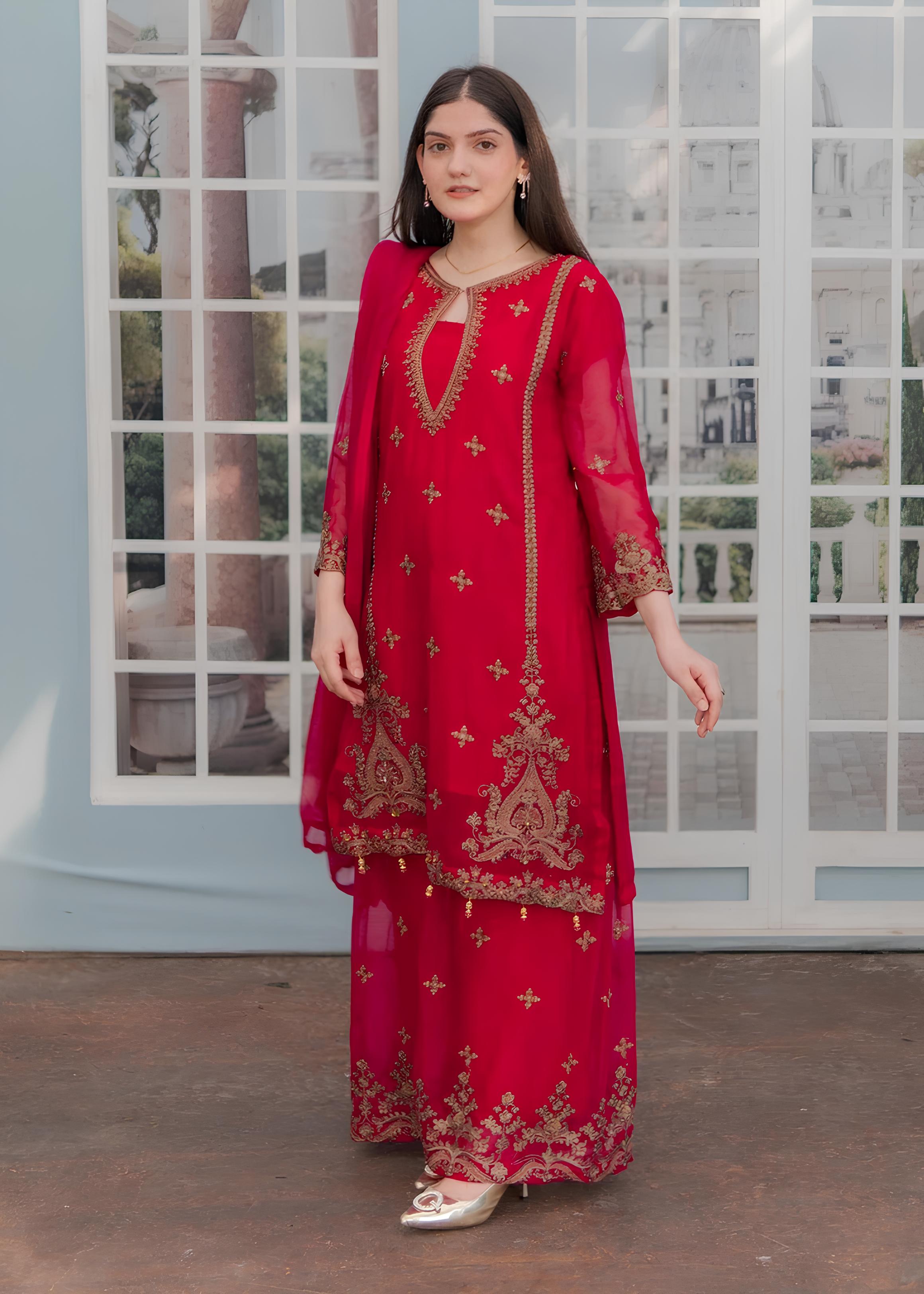 Red Embroidered Chiffon Suit with Sharara