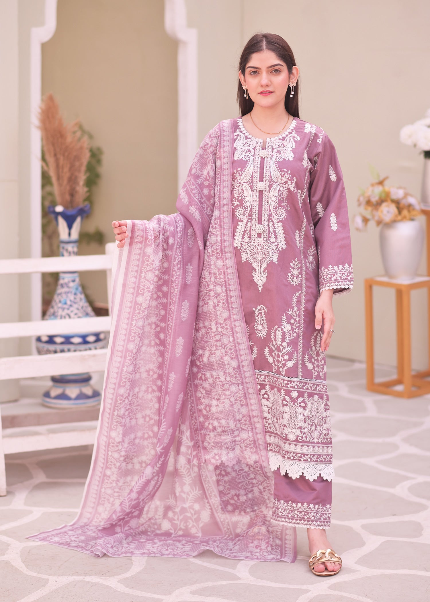 Mauve Embroidered Chambray Katan Silk Suit