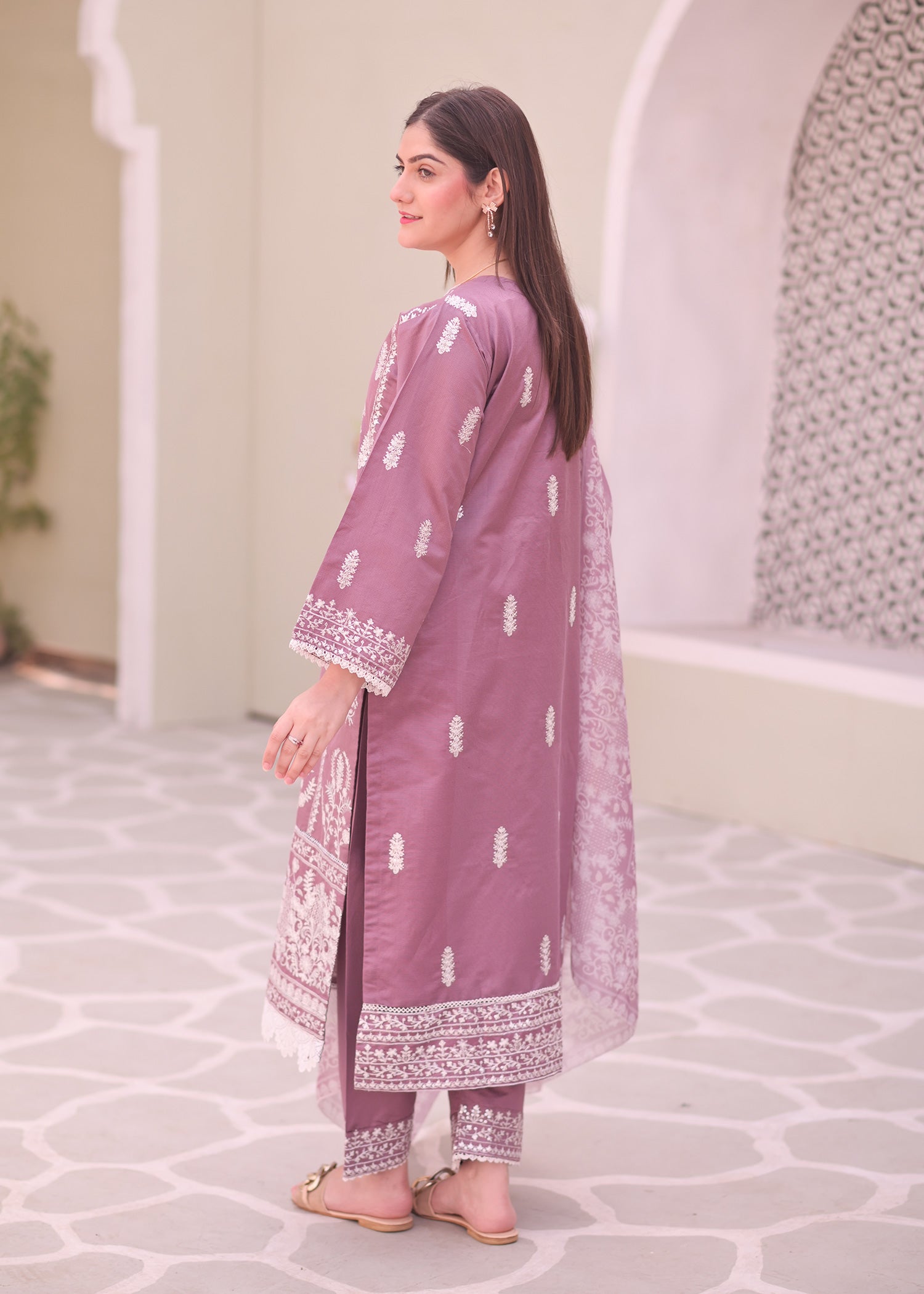 Mauve Embroidered Chambray Katan Silk Suit