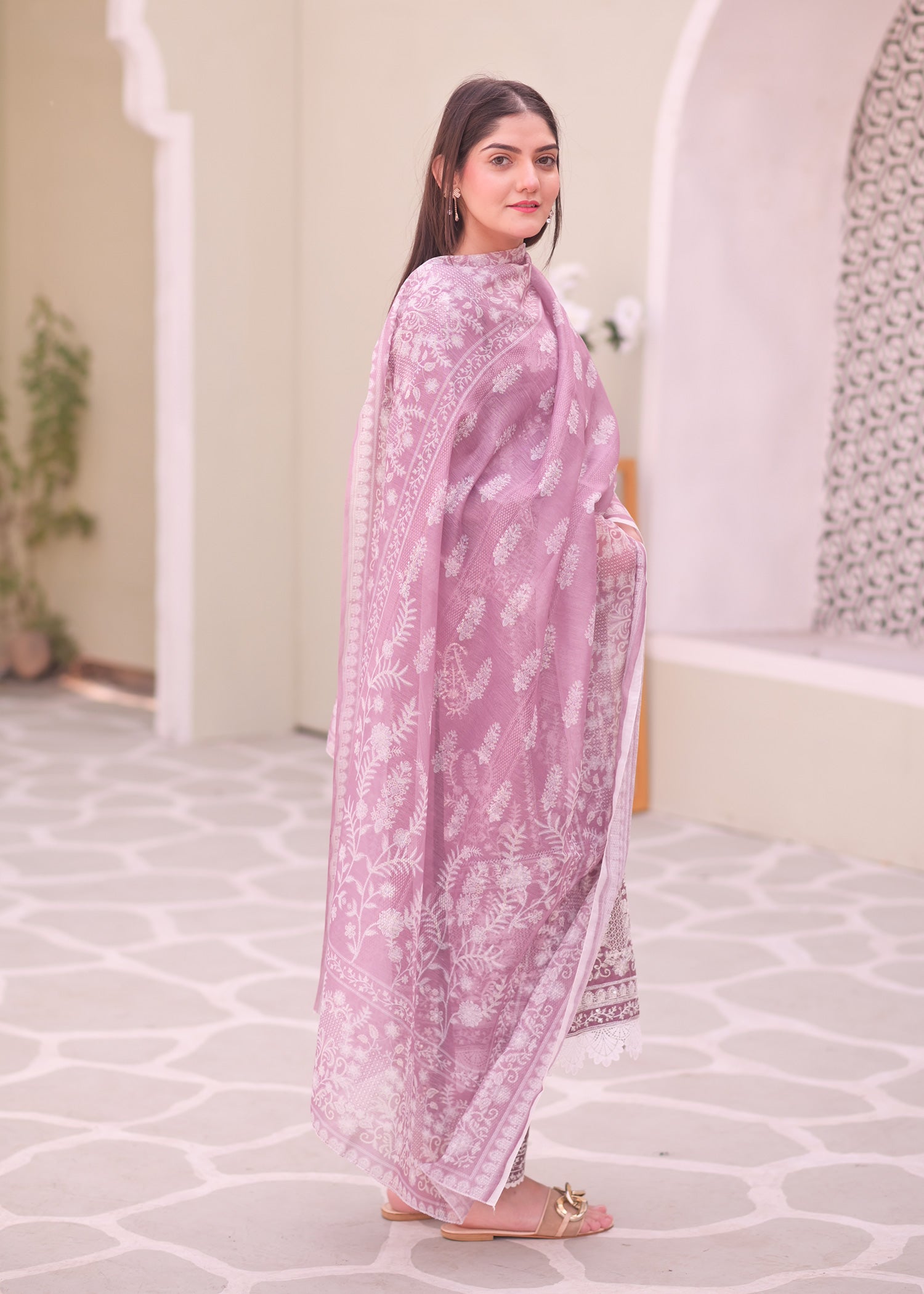 Mauve Embroidered Chambray Katan Silk Suit