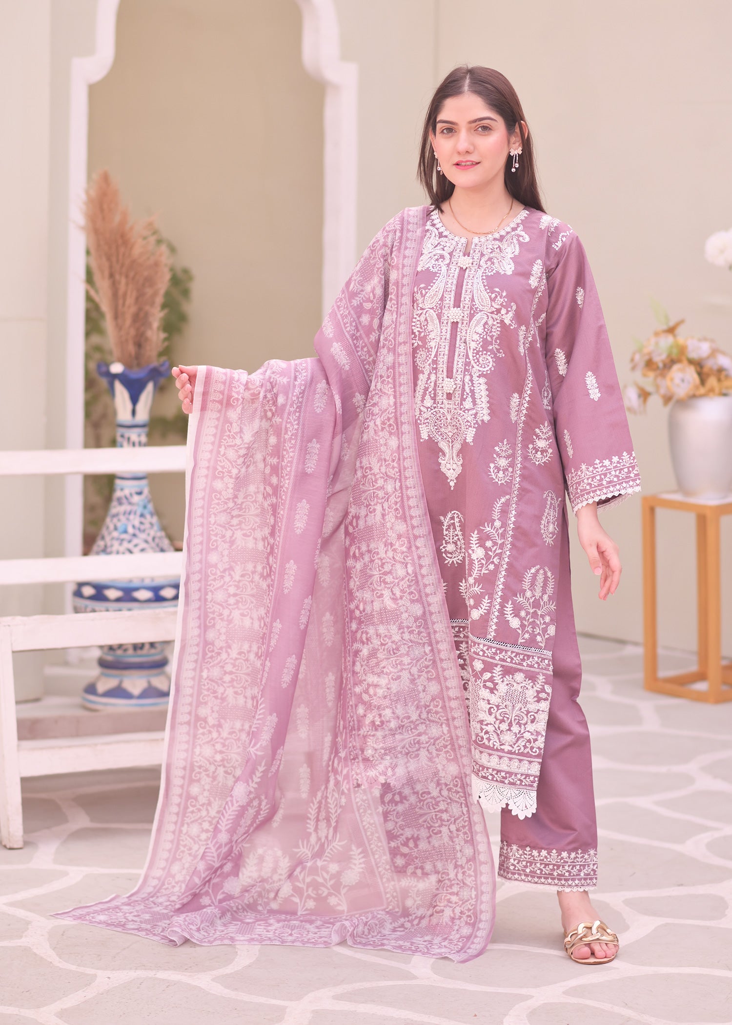 Mauve Embroidered Chambray Katan Silk Suit