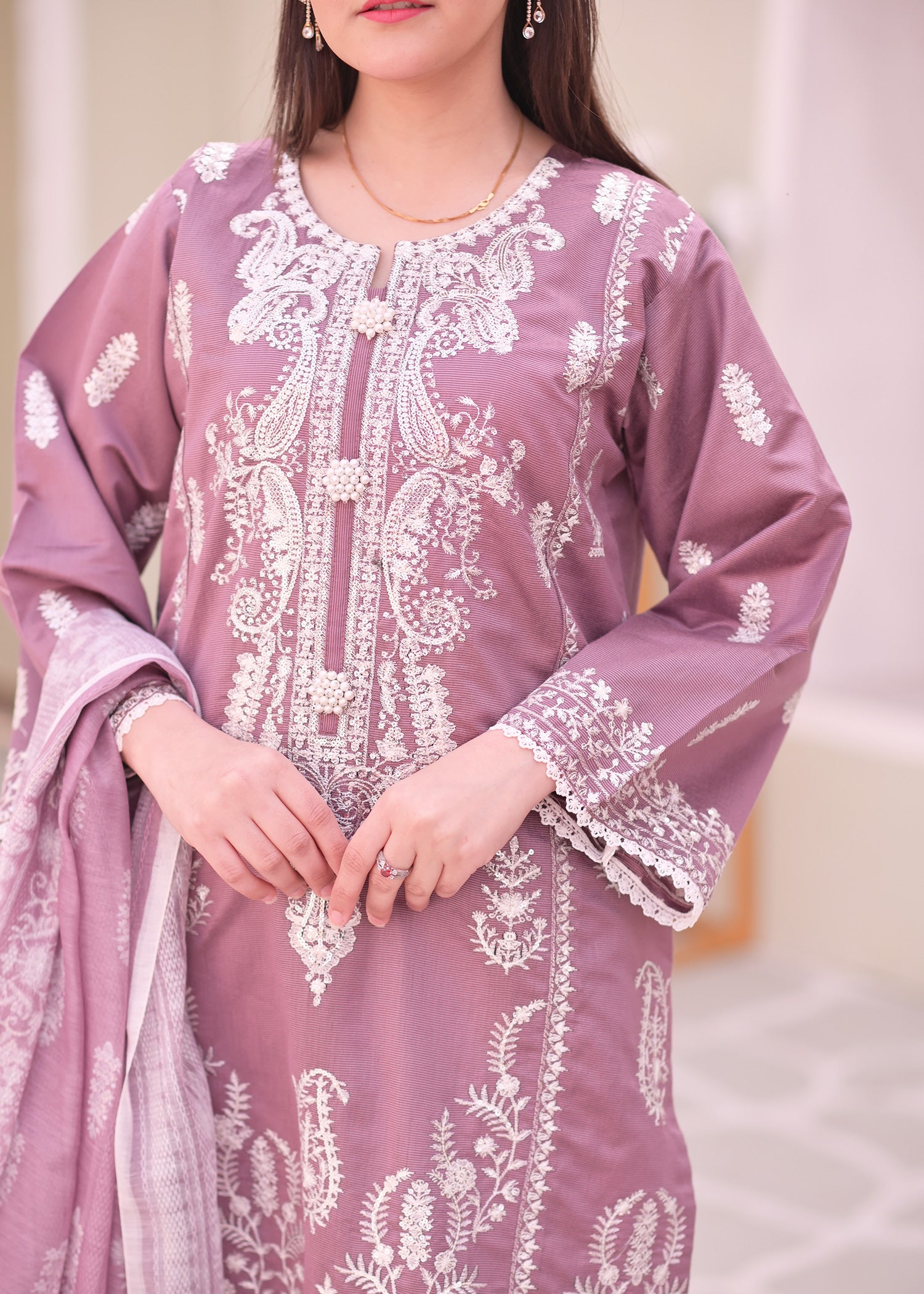 Mauve Embroidered Chambray Katan Silk Suit