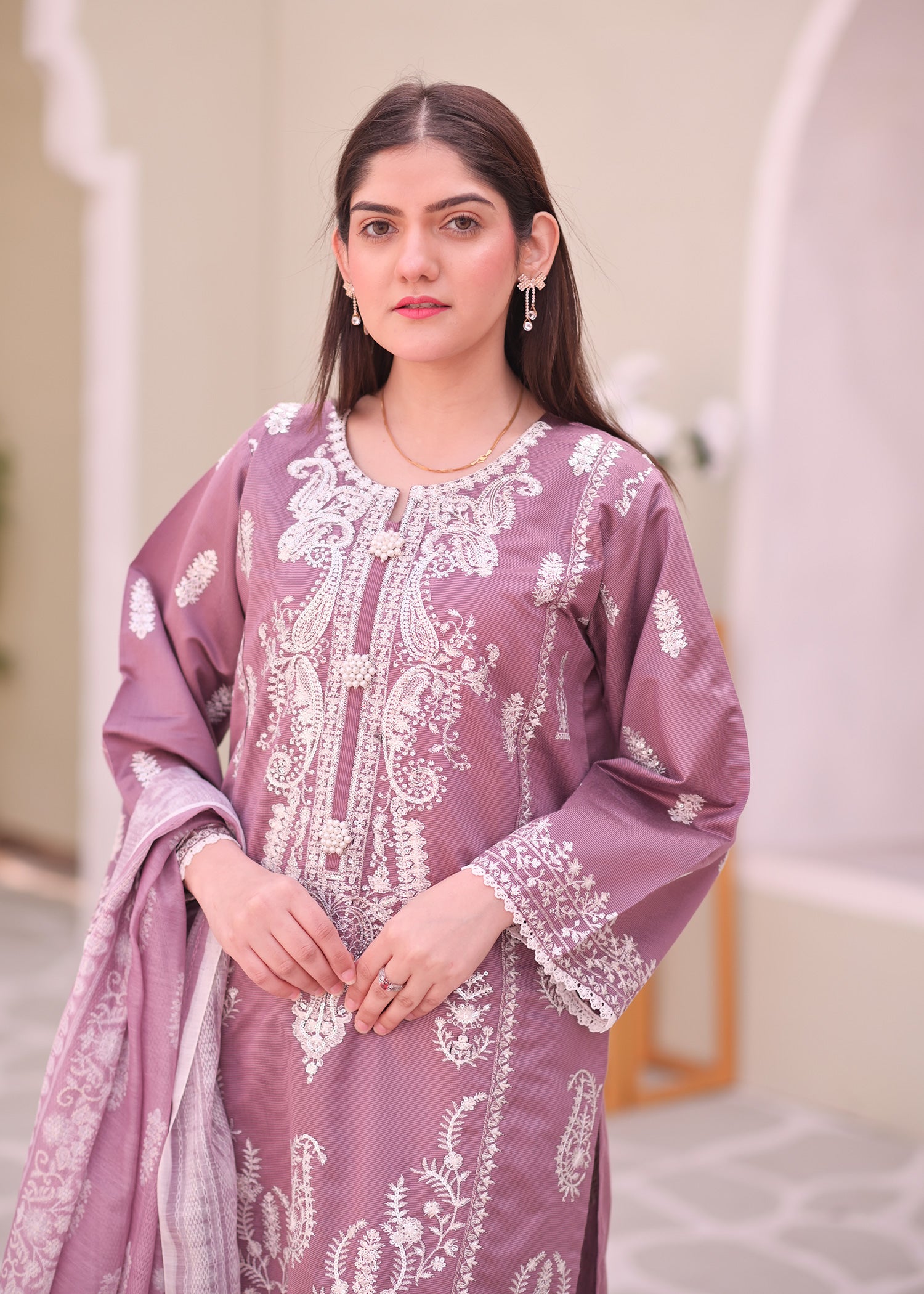 Mauve Embroidered Chambray Katan Silk Suit