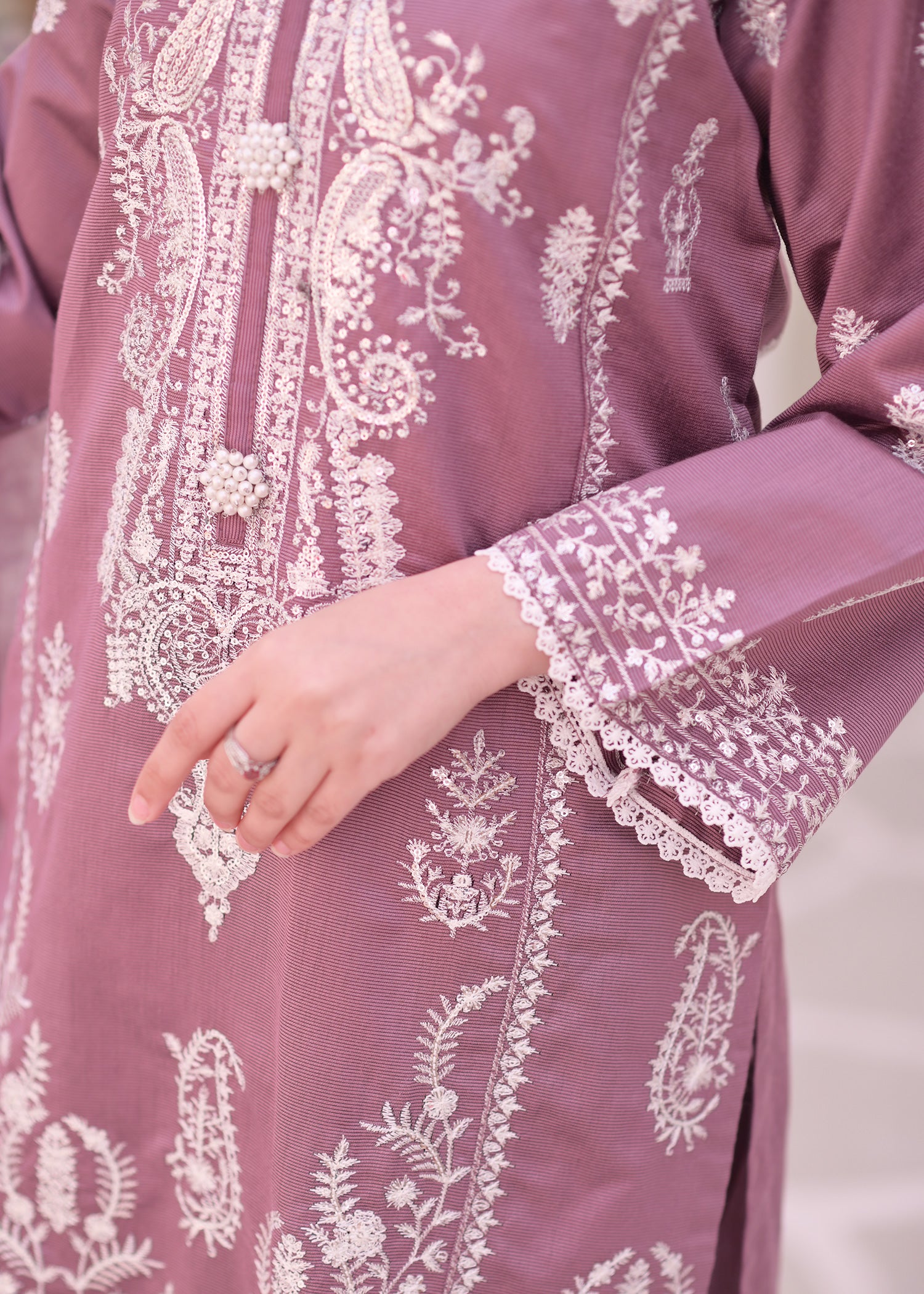 Mauve Embroidered Chambray Katan Silk Suit