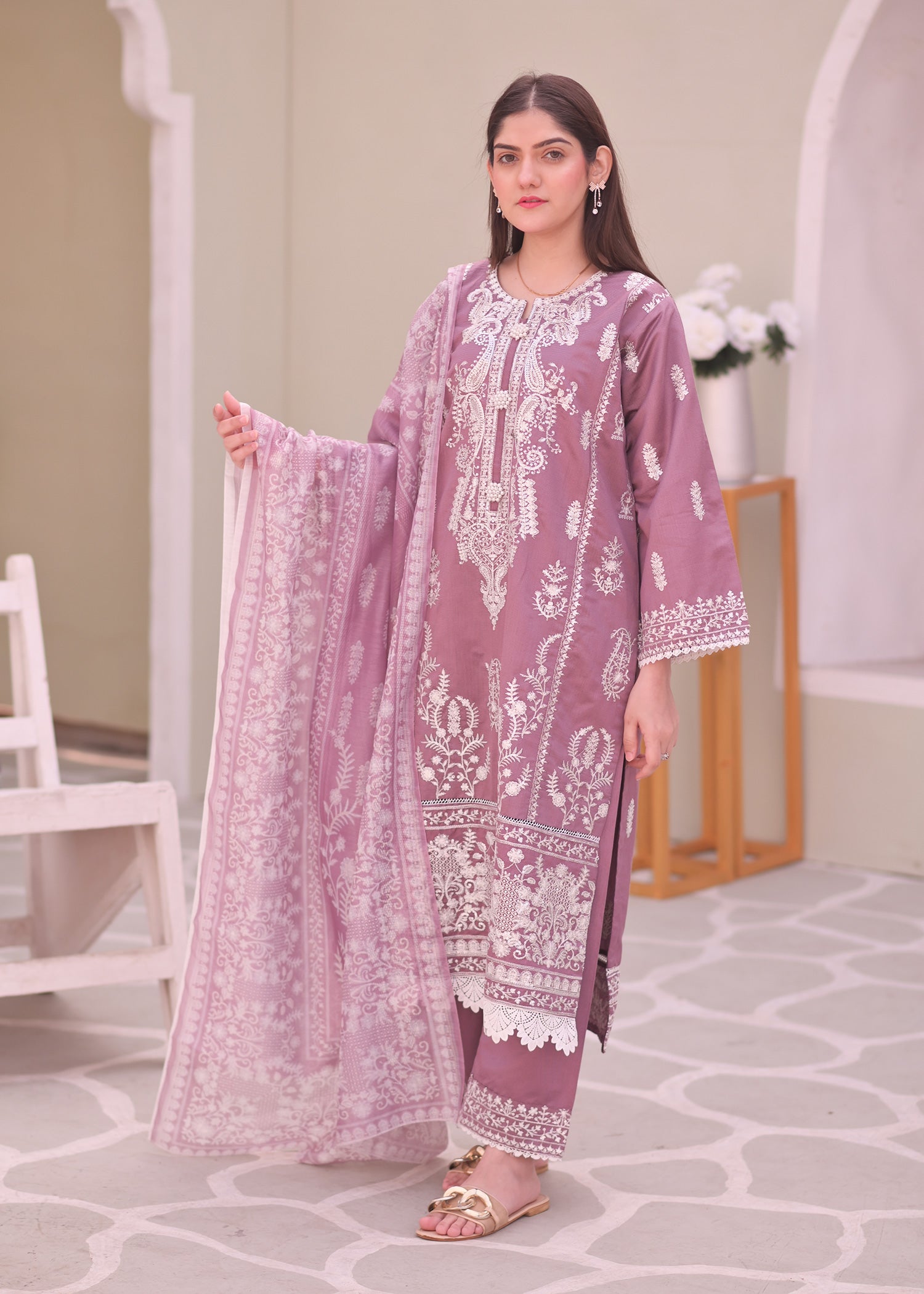 Mauve Embroidered Chambray Katan Silk Suit