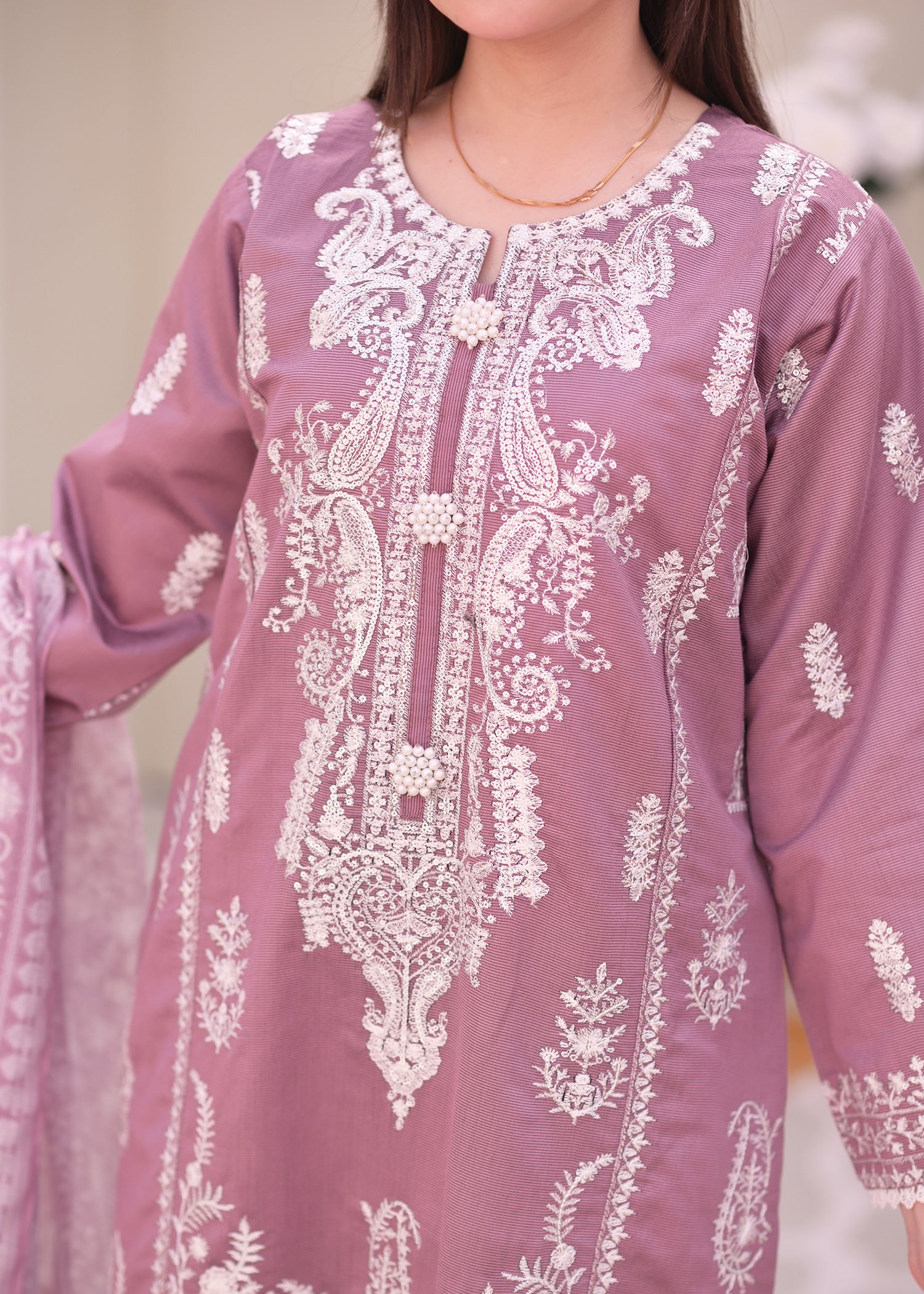 Mauve Embroidered Chambray Katan Silk Suit