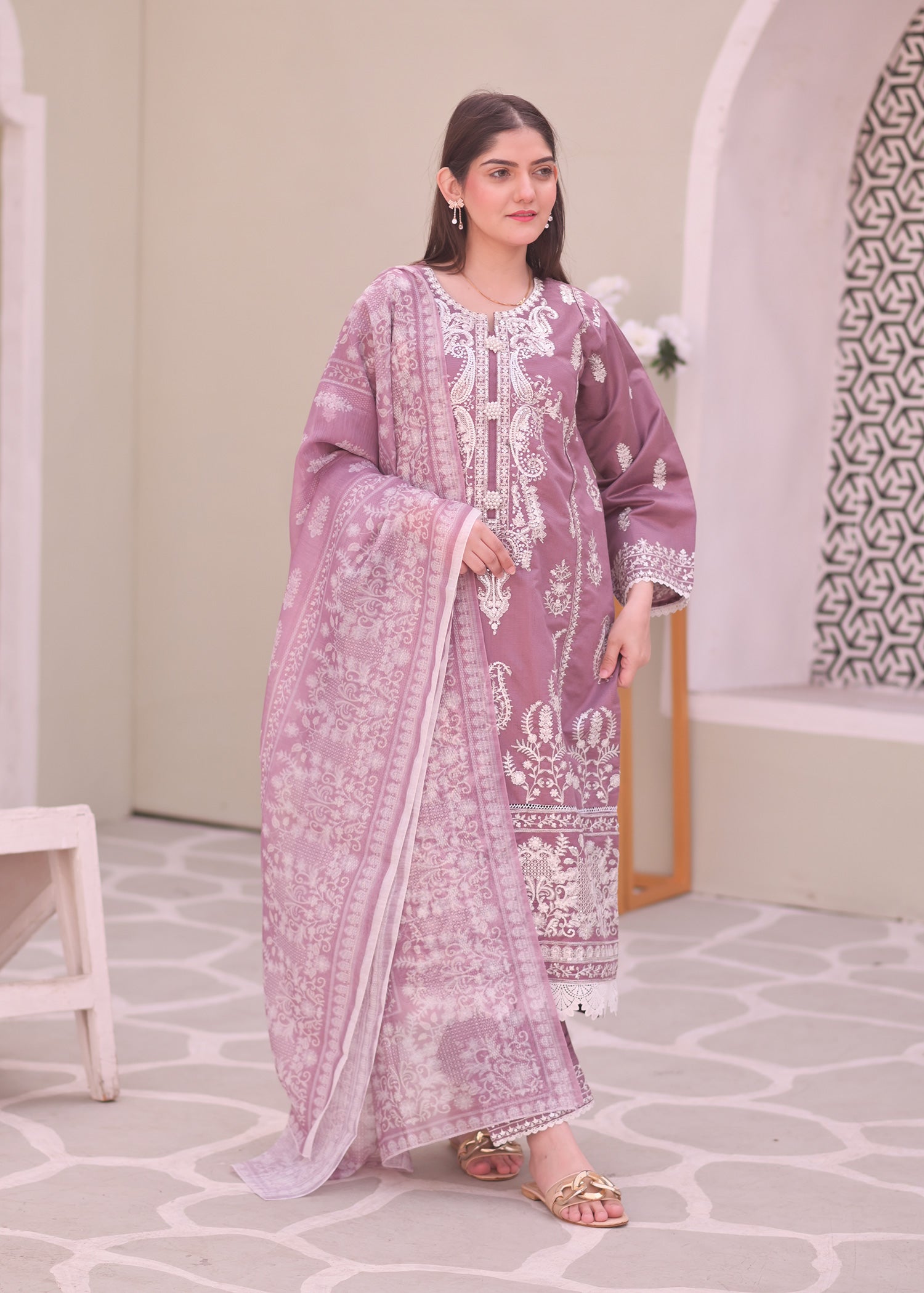 Mauve Embroidered Chambray Katan Silk Suit